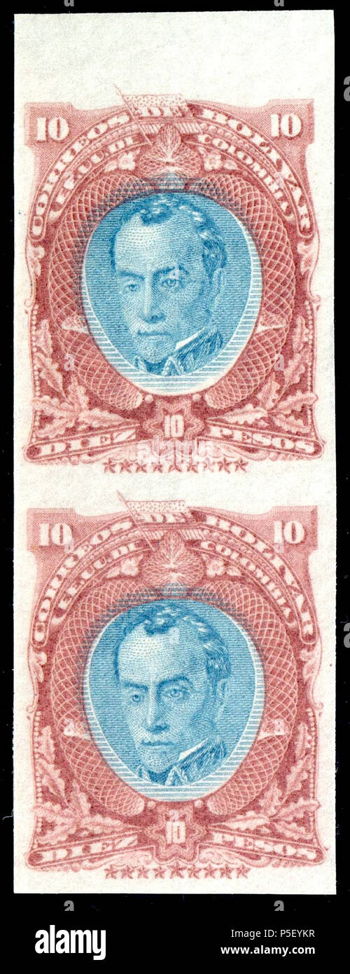 N/A. Englisch: Kolumbianische Bundesstaat Bolivar, 10 p Braun und Blau, postfrisch ungezähnt koppeln. Katalog: Sc. 36a. 1882. Kolumbianische Regierung 218 Bolivar 1882 Sc 36a Stockfoto