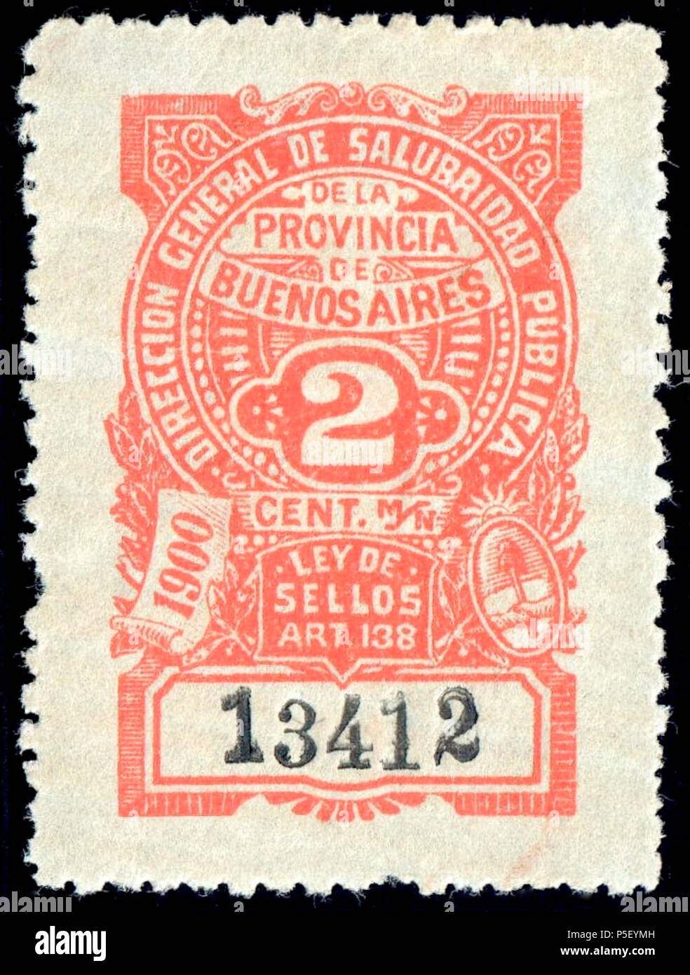 N/A. Englisch: Argentinien Provinz Buenos Aires Public Health Office (Salubridad Publica) 2 c Einnahmen, 1885. Vermillion auf gelbliche Papier, ungenutzt. Katalog: forbin 3 B. 1900. Regierung von Argentinien 248 Buenos Aires 1900 Öffentliche Gesundheit Büro einnahmen Forbin 3 B Stockfoto