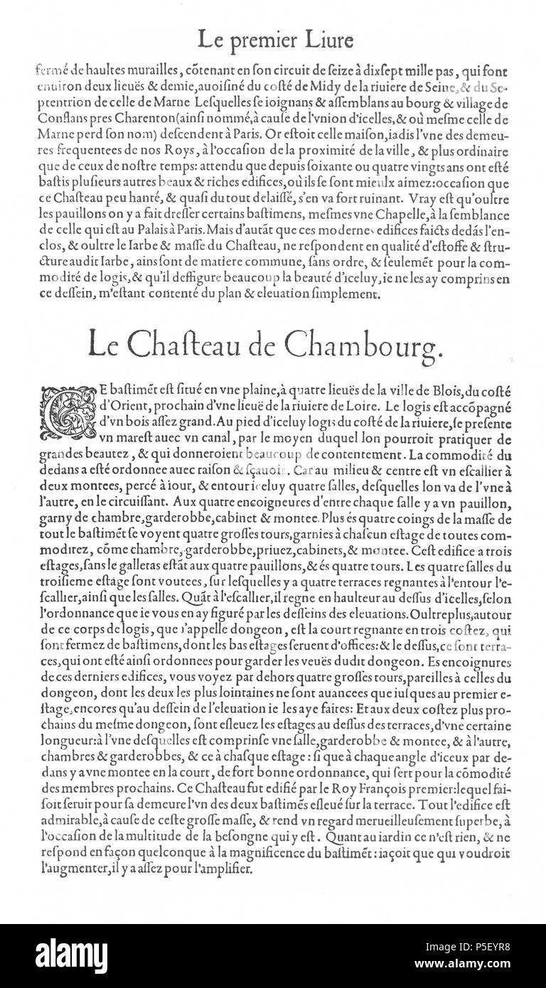 N/A. Englisch: Seite Text über die Château de Vincennes und dem Château de Chambord, von Le Premier Volumen des plus excellents Bastiments de France von Jacques ich Androuet du Cerceau. <-- Vorherige Seite Nächste Seite -->. 1576. Ich Jacques Androuet du Cerceau (1510-1585) Alternative Namen Jacques Androuet; Jacques Androuet du Cerceau l'Ancien; Jacques Androuet Du Cerceau; Jacques Androuet DuCerceau; Jacques Androuet Ducerceau Beschreibung des französischen Architekten, Kupferstecher und Verfasser der Vater von Baptiste Androuet du Cerceau Vater von Jacques II Androuet du Cerceau Datum von birt Stockfoto