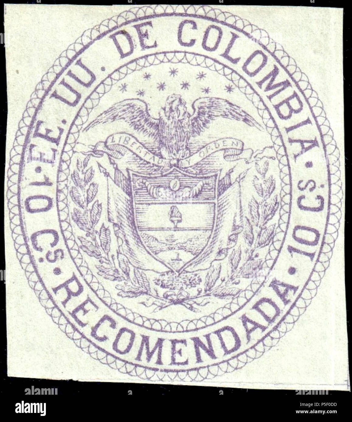 N/A. Englisch: Kolumbien EU 1881 Registrierung Stempel, 10 c Violett, ungebraucht. Katalog: Sc. F7, MI. 70 Papier: Getönten webte unwtmk Perforation: Ungezähnt Drucken: Lithographie Drucker: Ayala Medrano Drucken Ltd, Bogota. 1881. Kolumbianische Regierung 367 Kolumbien 1881 ScF 7 Unbenutzt Stockfoto