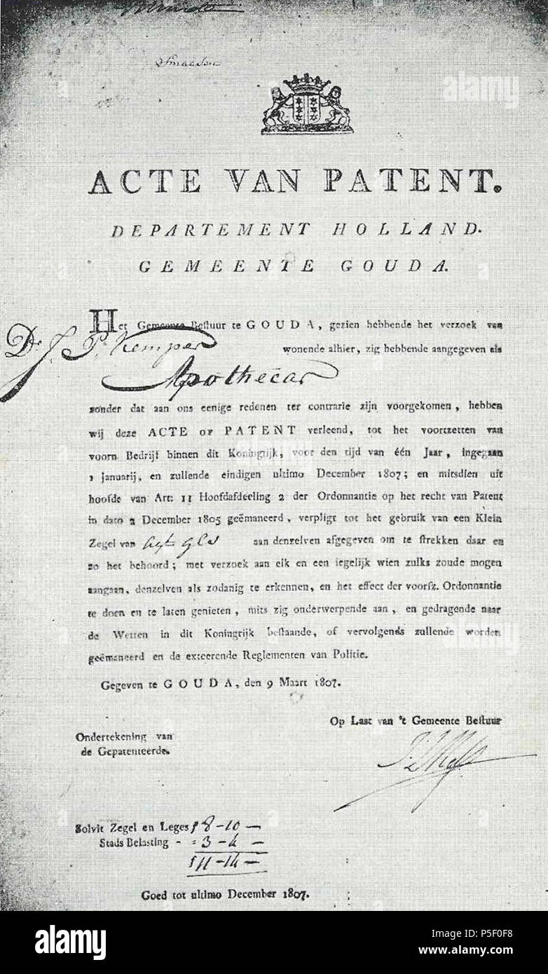 N/A. Nederlands: Acte van Patene verleend aan de Kunst Dr. Jan Pieter Kemper t.b.v. de uitoefening van het apothekersbedrijf in Gouda. 9. März 1807. Nederlands: Gemeente Bestuur Gouda 57 Acte van patent Kemper Gouda 1807 Stockfoto