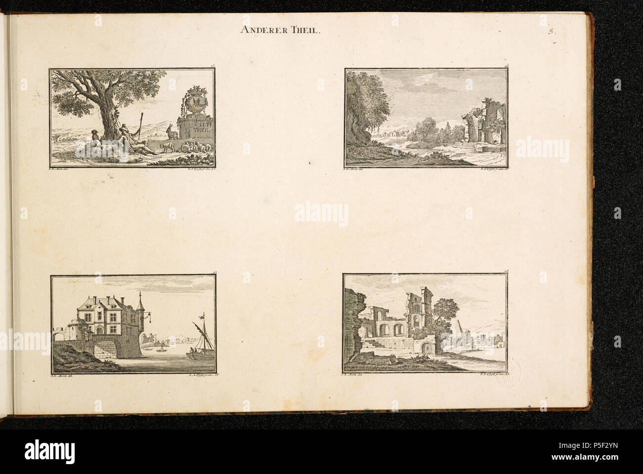 Drucke und Zeichnungen. Geschichte Theil; Unterschiedliche Landschäfftlein (Blatt 5); [Mitte] recto Ihr Browser kann leider keine eingebetteten Frames anzeigen: Geschichte Theil [oben rechts]: 5.; Vier Ideallandschaften. 1750. Johann Ludwig Aberli [MalerIn/ZeichnerIn] 290 CH-NB-Geschichte Theil-Sammlung Gugelmann-GS-GUGE-2-a-13 Stockfoto