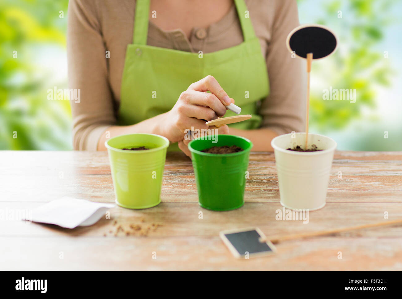 Nahaufnahme der Frau schreiben auf Garten Typenschild Stockfoto