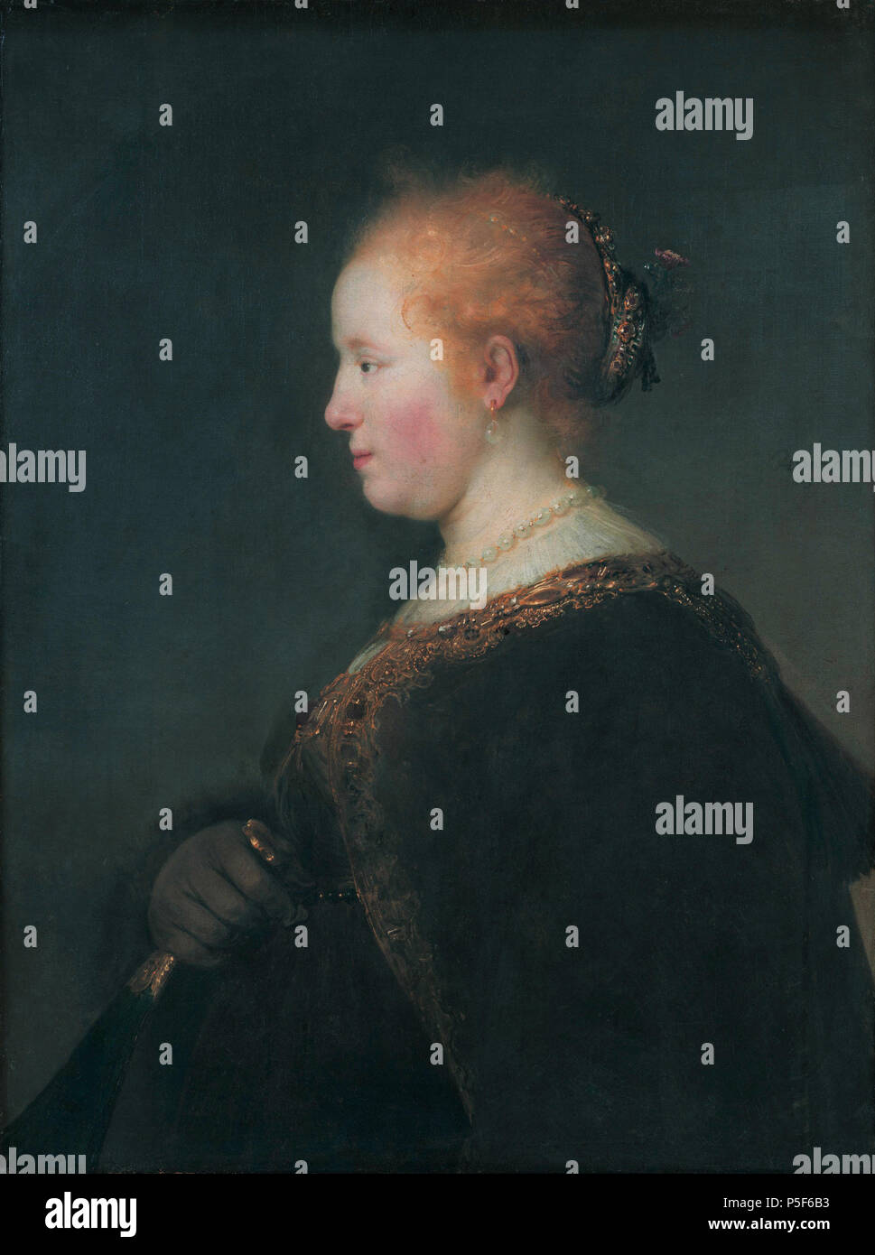 N/A. Englisch: Eine junge Frau im Profil, mit einem Ventilator Öl auf  Leinwand 72 x 55 cm signiert C.R.: RHL van Rijn. /1632. 1632. N/A 49 eine  junge Frau im Profil, mit