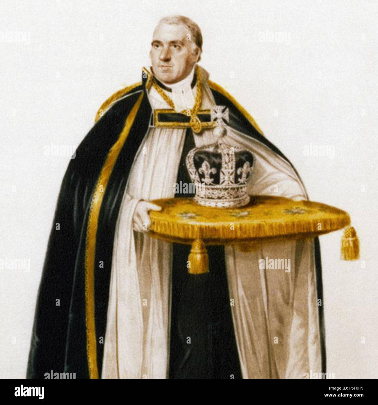 N/A. "Der Dekan von Westminster, die Krone vom Altar". ca. 1839. von Sir w: George Nayler, 381 Krönung Krone von Georg IV. Stockfoto