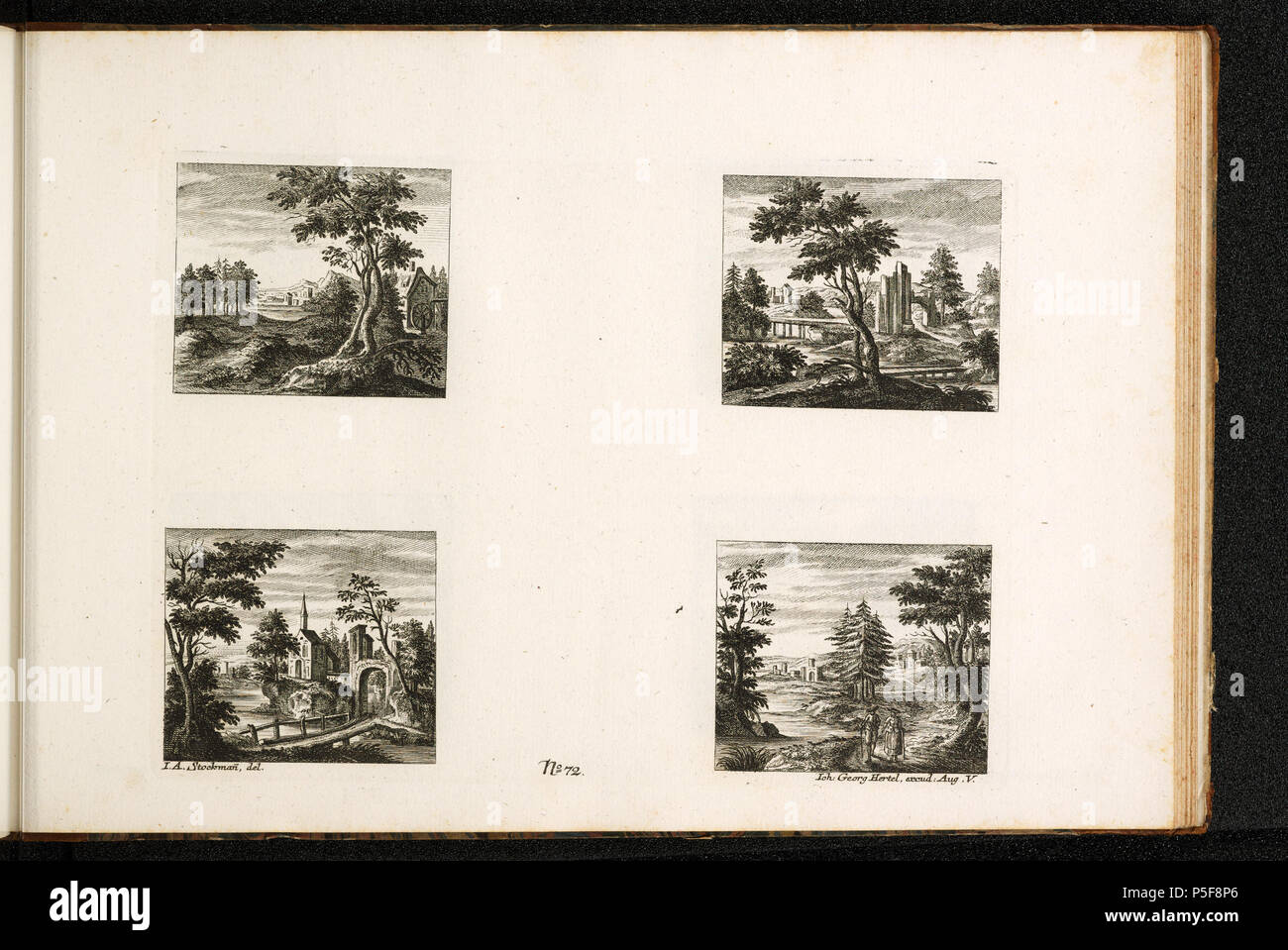 Drucke und Zeichnungen. [4 Landschaften]; Nr. 72; [recto unten links]: u.a. Stockmann, Del. [Unten Mitte]: N° 72. [Unten rechts]: Ioh: Georg Hertel, Excud: 9.V.; Vier Ideallandschaften. 18. Stockmann, Johann Adam [Malerin und Zeichnerin] 288 CH-NB--4 Landschaften - Sammlung Gugelmann-GS-GUGE-2-H-91 Stockfoto