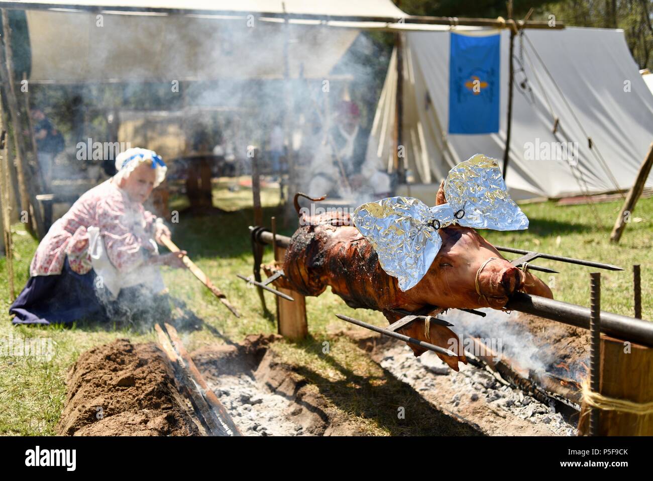 Kostümierte Re-enactors außen Zelt, langsam Braten ein ganzes Schwein im Freien über einem Lagerfeuer an der blutigen See Rendezvous, Woodford, WI, USA Stockfoto
