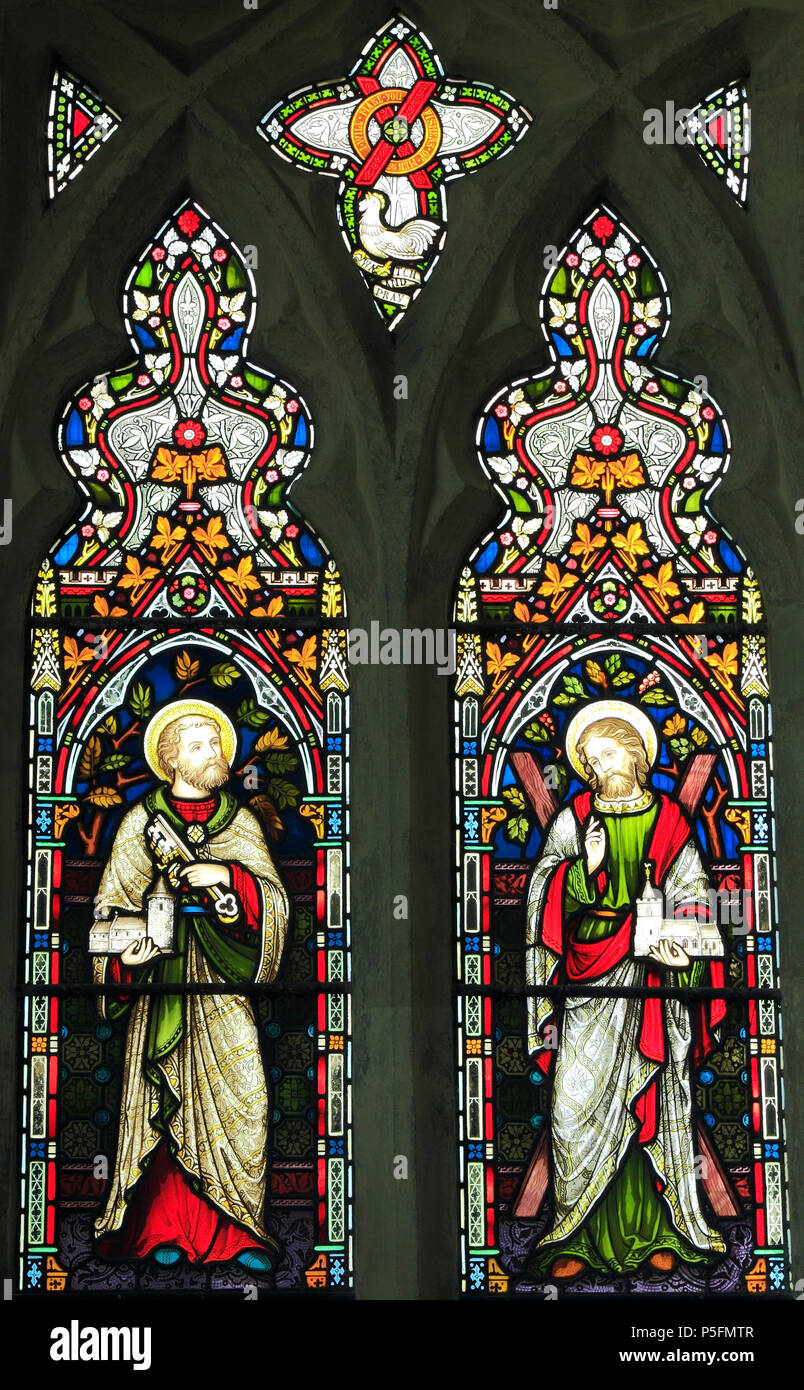 St. Peter, St. Andrew, von Frederick Preedy 1863, jede Heilige holding Modell eines Ringstead Kirche, Glasfenster, Ringstead, Norfolk, Großbritannien Stockfoto