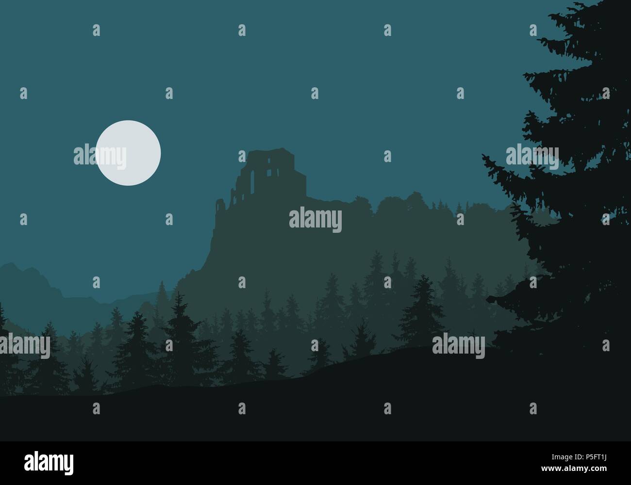 Ruinen einer mittelalterlichen Burg auf einem Felsen zwischen Wäldern und Bergen unter Nachthimmel mit Mond-Vektor Stock Vektor