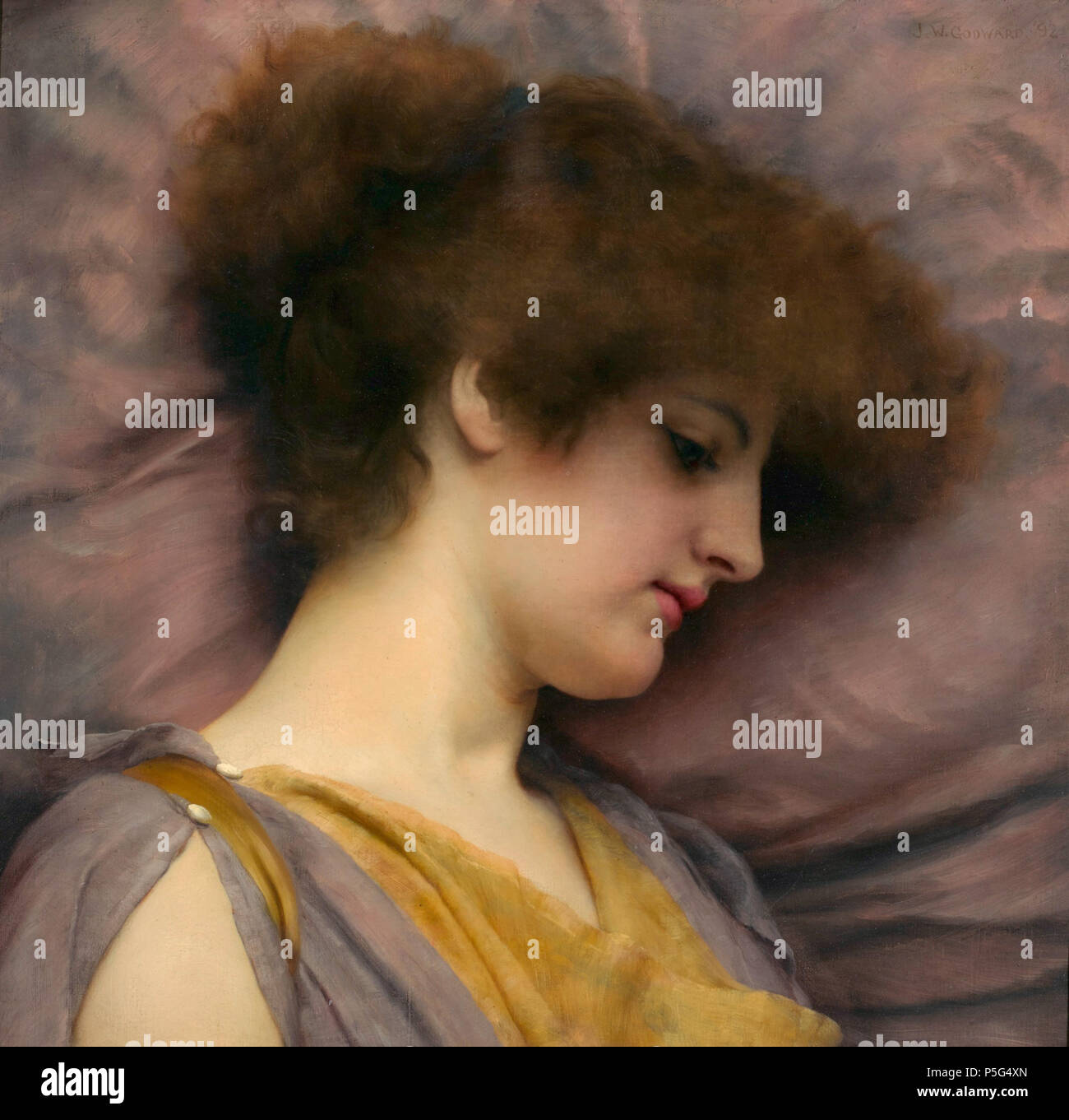 N/A. Englisch: Weit weg Gedanken (Rose Pettigrew) Öl auf Leinwand 45 x 45 cm t unterzeichnet. r.: J.W.GODWARD' 92. 1892. John William Godward (1861 - 1922) Alternative Namen John Godward; J. W. Godward; j. godward; Godward Beschreibung britische Maler Geburtsdatum / Tod am 9. August 1861 vom 13. Dezember 1922 Ort der Geburt / Todes Wimbledon, London, England London Arbeitsort Rom (1912 - 1919) Kontrolle: Q 464999 VIAF: 69203927 ISNI: 0000 0000 6663 818 X ULAN: 500031752 LCCN: Nr 92040444 Oxford Dict.: 67575 WorldCat 548 weit weg Gedanken, von John William Godward Stockfoto