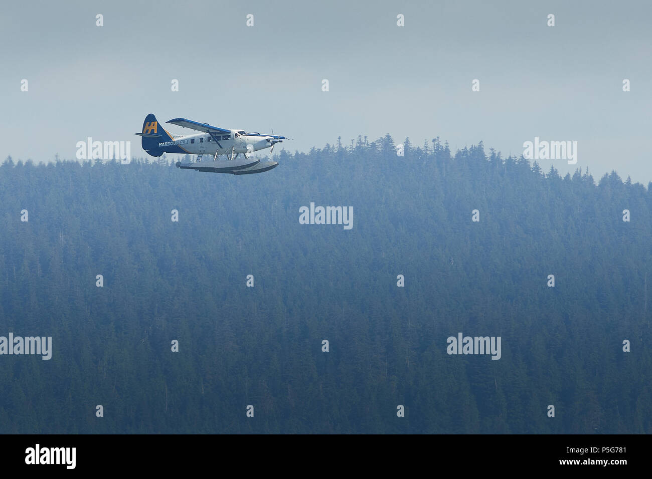 Harbour Air Wasserflugzeuge de Havilland Canada DHC-3-T Turbo Otter Floatplane Fliegen in der kanadischen Wildnis in British Columbia, Kanada. Stockfoto