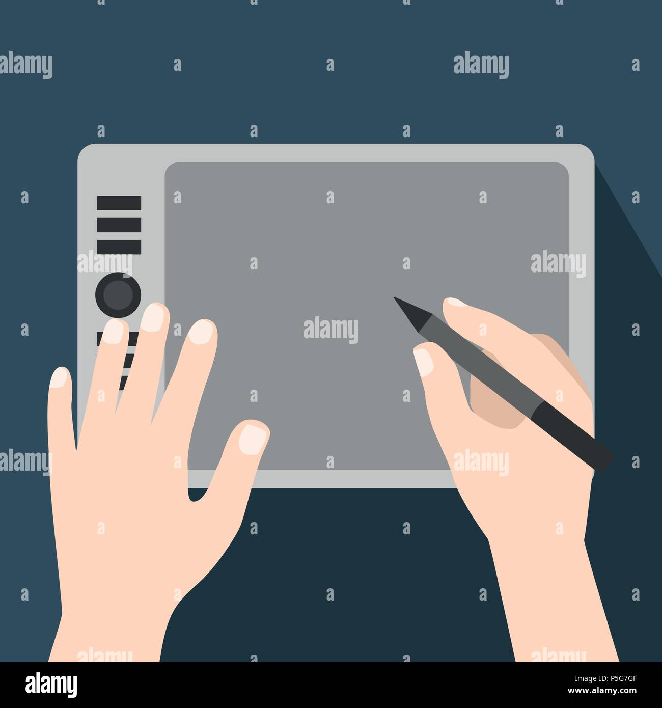 Hände über Grafik tablet, Graphic Tablet mit einem Pen-Flat Vector Illustration verwendet wird. Stock Vektor