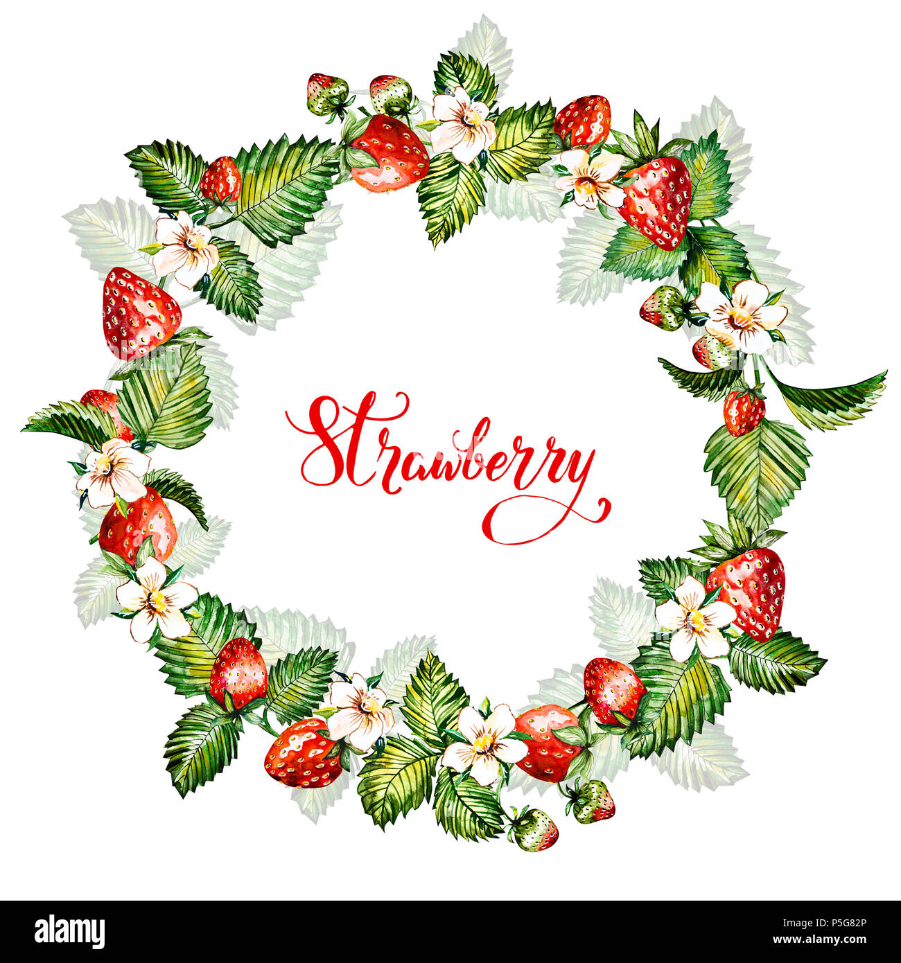 Aquarell floral background mit Erdbeeren. Sommer Card. Rahmen mit Aquarell Erdbeeren. Hand gemalten Hintergrund Stockfoto