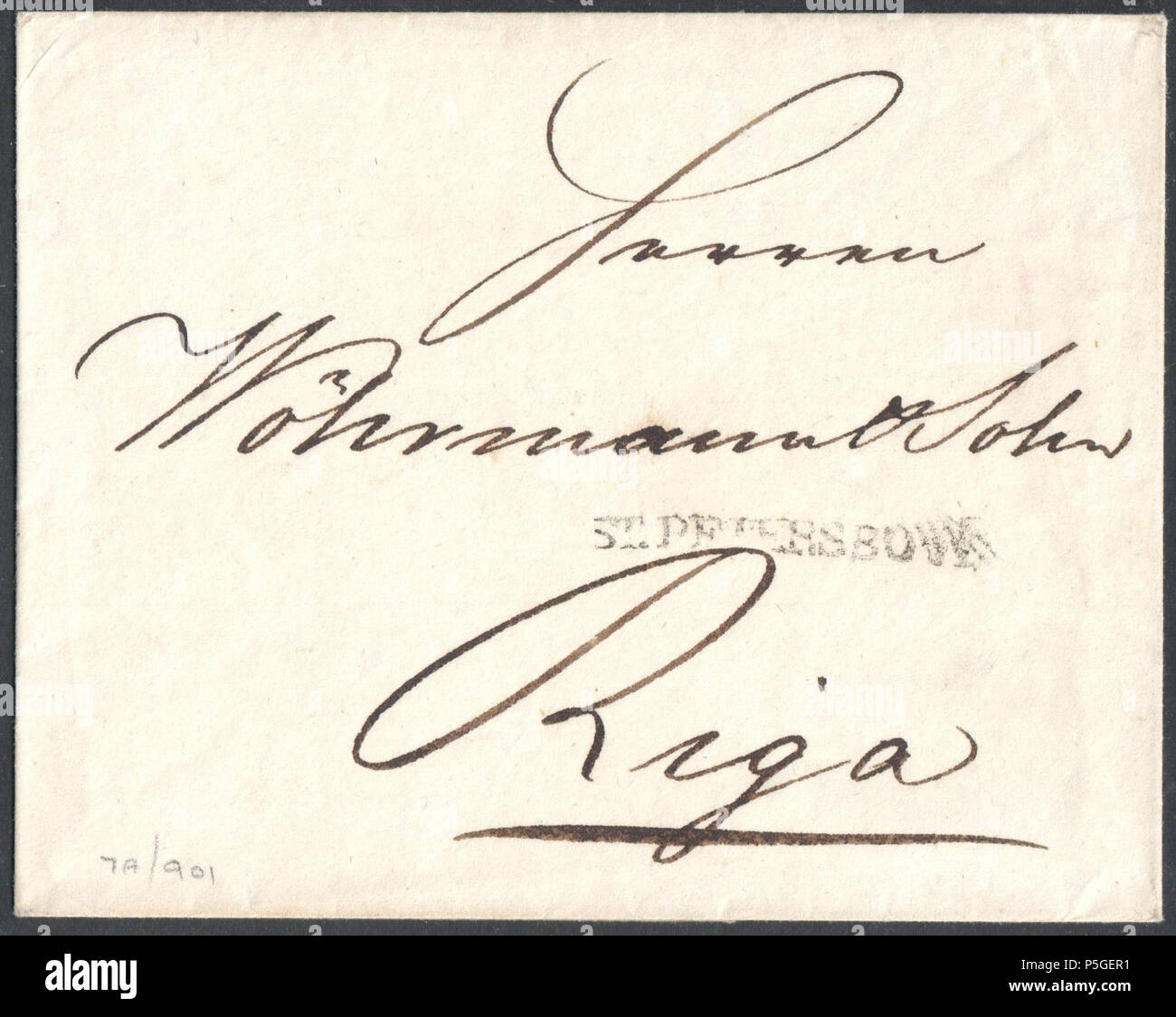 N/A. Englisch: 1807 Gesamte nach Riga Lager gerade Linie ST. PETERSBURG Handstempel, Rückseite Manuskript '16K'. Am 14. November 1783, die posttarife im Russischen Reich wurden einheitliche durch Dekret. Die Preise waren gültig bis 1830. Briefe 1 los, (12.7974 g/0.451 oz), wurden pro 100 Werst entfernt (das Werst war 0.6629 1.0668 km/Meile) berechnet: Bis zu 100 Werst 6 Kopeken zwischen 100 und 1500 Werst 2 Kopeken pro 100 Werst zwischen 1500 und 3100 Werst 1 Kopeken pro 100 Werst > 3100 Werst 50 Kopeken. Dieses Schreiben wurde am 16 Kopeken, was gleich 6+5 x2=600 Werst oder 640 km / 398 Meilen bewertet Stockfoto