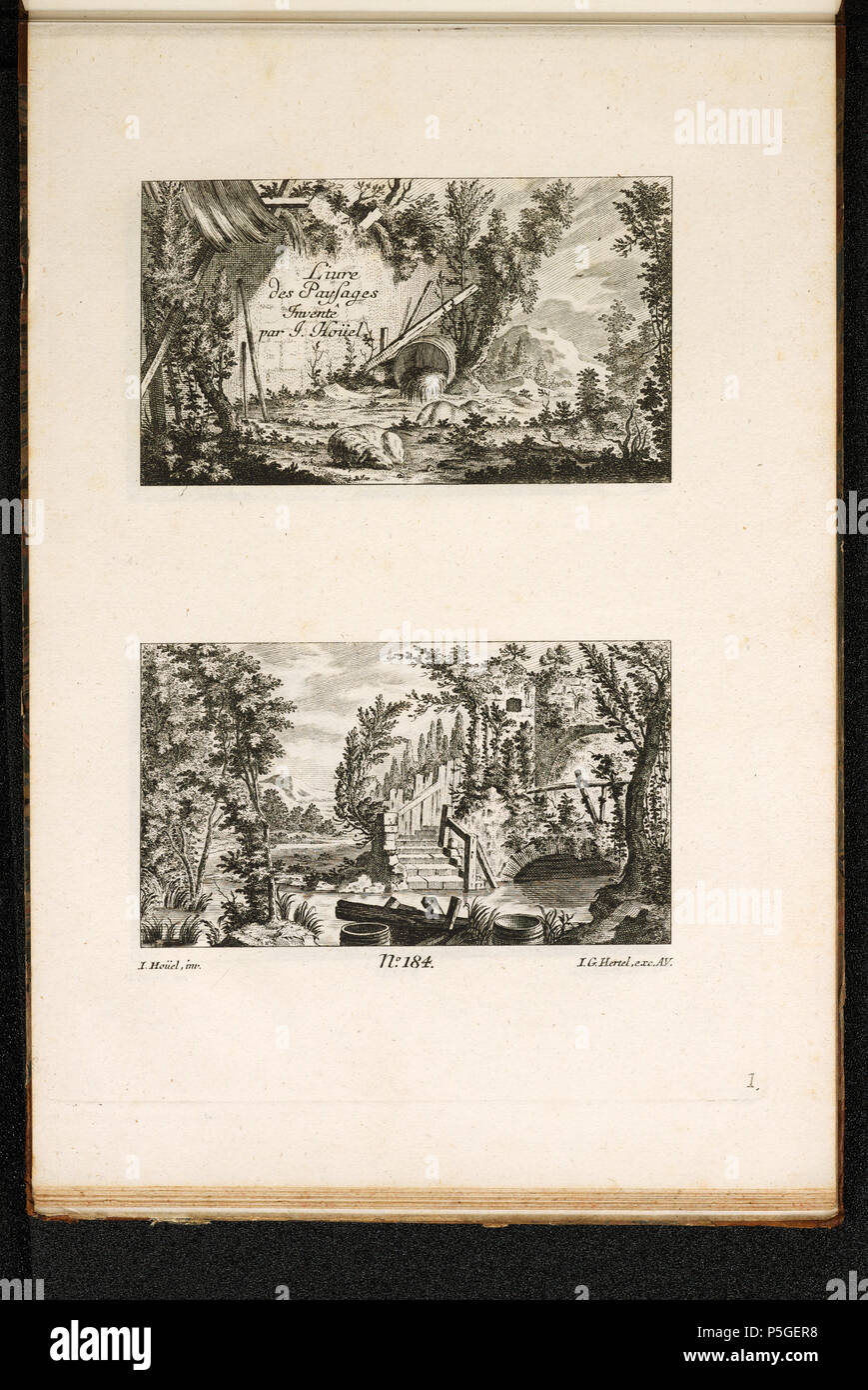 Drucke und Zeichnungen. [2 Landschaften]; Livre des Paysages inventê par J. Hoüel, Nr. 184 (Blatt 1); [recto unten links]: I. Hoüel, Inv. [Unten Mitte]: N°. 184. [Unten rechts]: I. G. Hertel, exc. A.V. [Unten rechts]: 1.; Zwei Landschaften. 18. Jean-Pierre Houël [Malerin und Zeichnerin] 288 CH-NB--2 Landschaften - Sammlung Gugelmann-GS-GUGE-2-j-101 Stockfoto