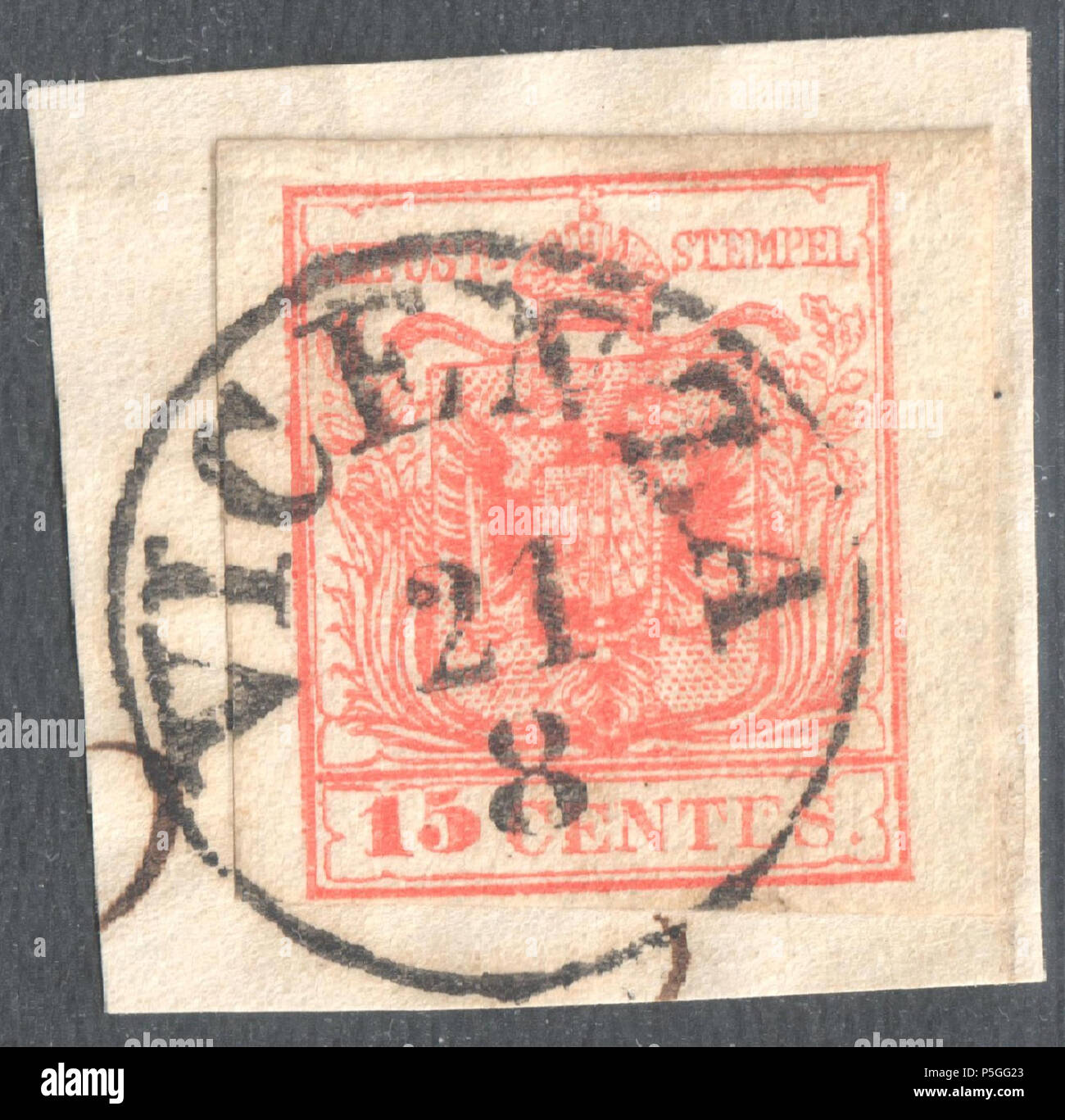 N/A. Englisch: Stempel der Lombardy-Venetia, 15 centesimi Ausgabe 1854, in Vicenza abgebrochen. Me. 4278 W (2P). 1854. Post des österreichischen Kaiserreiches 153 Österreich Lombardy-Venetia 1854 VICENZA Stockfoto