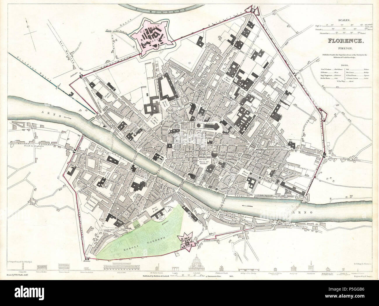 1835 S.D.U.K. Stadt Karte oder Plan von Florenz oder Firenze, Italien - Geographicus - Florenz - SDUK-1835. Stockfoto