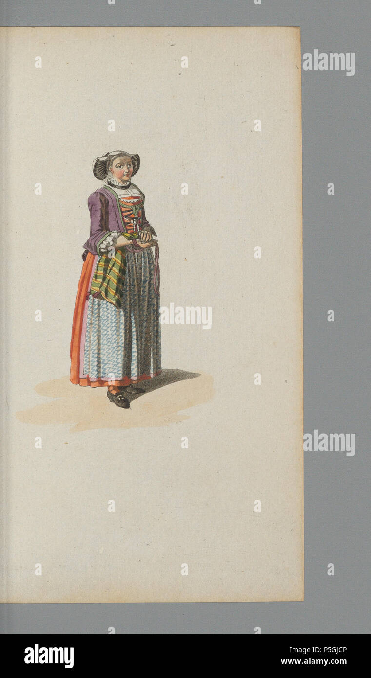 N/A. [Katholischen Bäuerinn aus dem Kanton St. Gallen]; Neue Sammlung von Schweizertrachten = nouvelle collection de Kostüme suisses (Blatt 23); Weibliche Ganzfigur in Tracht des Kantons St. Gallen. Bauer; Frauentracht; Toggenburg. 1813. [König, Franz Niklaus] 295 CH-NB-Sammlung Gugelmann-GS-GUGE -106-135 Stockfoto