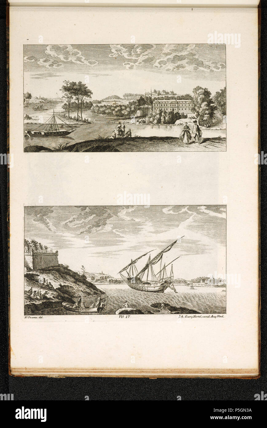 Drucke und Zeichnungen. [2 marine Landschaften mit Schiffen]; Nr. 17 [Paysages marins avec navires]; [recto unten links]: N. Ozanne, Del. [Unten Mitte]: N° 17. [Unten rechts]: Ioh. Georg Hertel, Excud: Aug: V.; Zwei Landschaften. 18. Ozanne, Nicolas-Maire [MalerIn/ZeichnerIn] 288 CH-NB--2 marine Landschaften mit Schiffen - Sammlung Gugelmann-GS-GUGE-2-K-115 Stockfoto