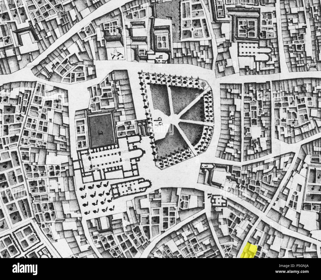 N/A. Englisch: Lage (gelb markiert) Der 1987 archäologische Ausgrabungen bei Lantaarnstraat 5-7-9, Maastricht, Niederlande. Auf der Grundlage einer 1749 Karte von französischen militärischen Ingenieurs Jean-Baptiste Larcher d'Aubencourt, die Maquette von Maastricht zu errichten. Vom 9. Juli 2016, 23:01:57. Jean-Baptiste Larcher d'Aubencourt, 1749 23 1749 Vrijthofopgravingen LarcherDAubencourt, 27. Stockfoto