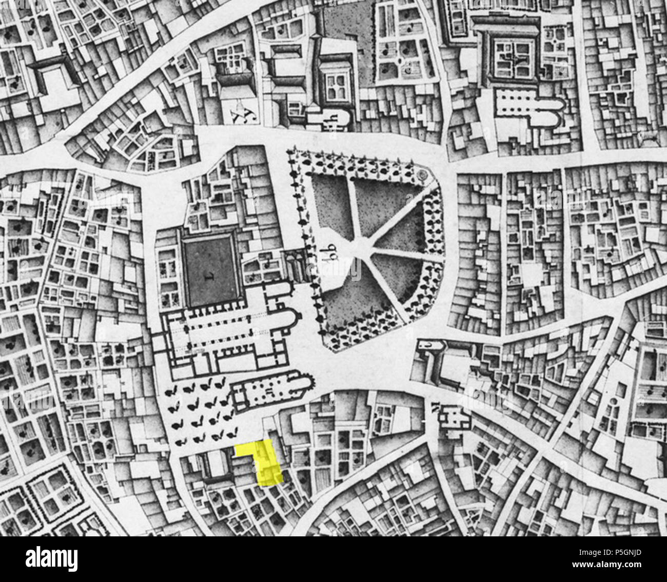 N/A. Englisch: Lage (gelb markiert) der archäologische Ausgrabung 1997 der ehemaligen Staargebouw Website (jetzt Kanunnikencour), in der Nähe des Vrijthof, Maastricht, Niederlande. Auf der Grundlage einer 1749 Karte von französischen militärischen Ingenieurs Jean-Baptiste Larcher d'Aubencourt, die Maquette von Maastricht zu errichten. Vom 9. Juli 2016, 23:01:57. Jean-Baptiste Larcher d'Aubencourt, 1749 23 1749 Vrijthofopgravingen LarcherDAubencourt, 29. Stockfoto