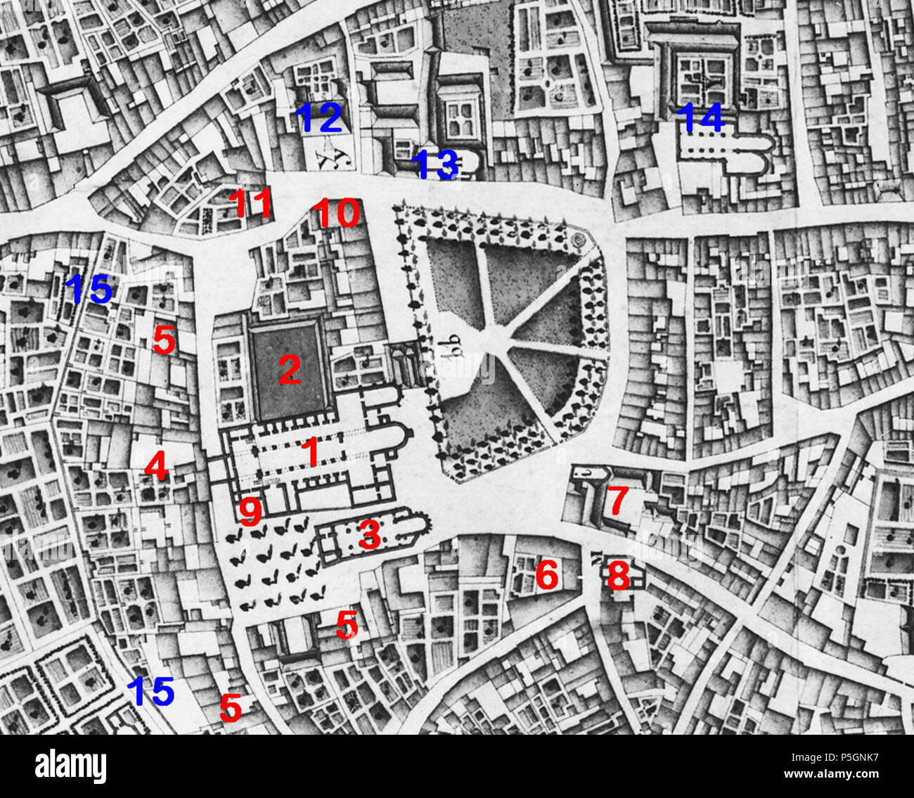 N/A. Englisch: Standorte der wichtigsten Gebäude der Kapitel des heiligen Servatius (in Rot) und anderen Gebäuden rund um Vrijthof, Maastricht, Niederlande. Auf der Grundlage einer 1749 Karte von französischen militärischen Ingenieurs Jean-Baptiste Larcher d'Aubencourt, auch verwendet, um die MAQUETTE von Maastricht zu errichten. 10 Juli 2016, 17:34:22. Jean-Baptiste Larcher d'Aubencourt, 1749 23 1749 LarcherDAubencourt, der Vrijthof en omgeving Stockfoto