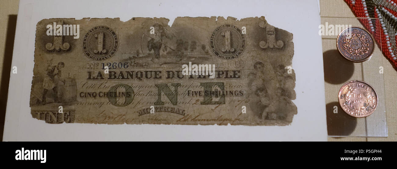 168 Banque du Peuple Banknote und Token, 1800s, mit Roy Token, 1837, Papier, Kupfer-Château Ramezay - Montreal, Kanada - DSC 07525 Stockfoto