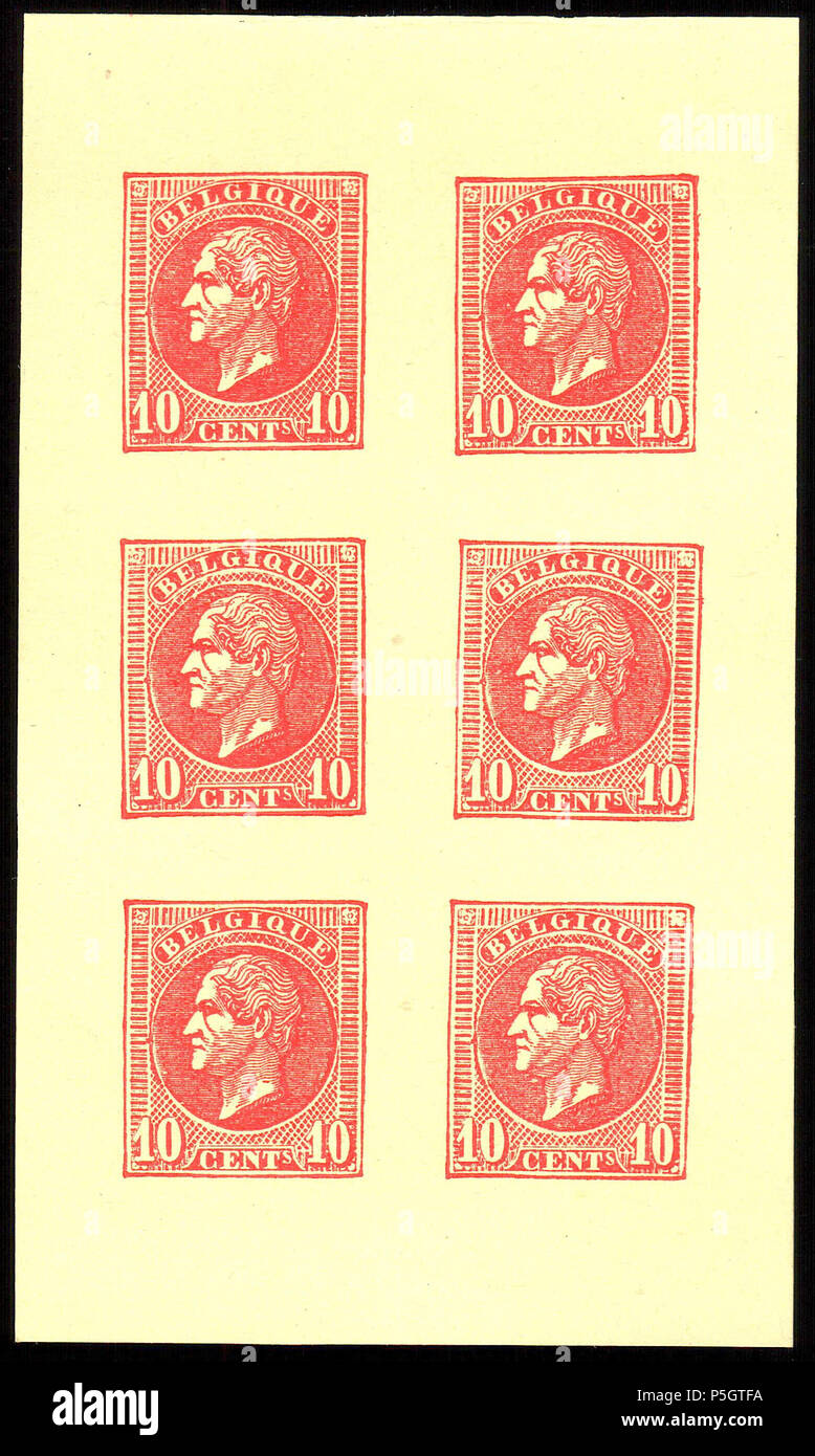 N/A. Englisch: Belgien 1865-1866 10 c Leopold I. Essays von Charles Wiener. Blatt 6, rot auf gelbem Papier, ungummed. zwischen 1865 und 1866. Charles Wiener 184 Belgien 1865-1866 10 c Leopold I. Essays von Charles Wiener rot Stockfoto