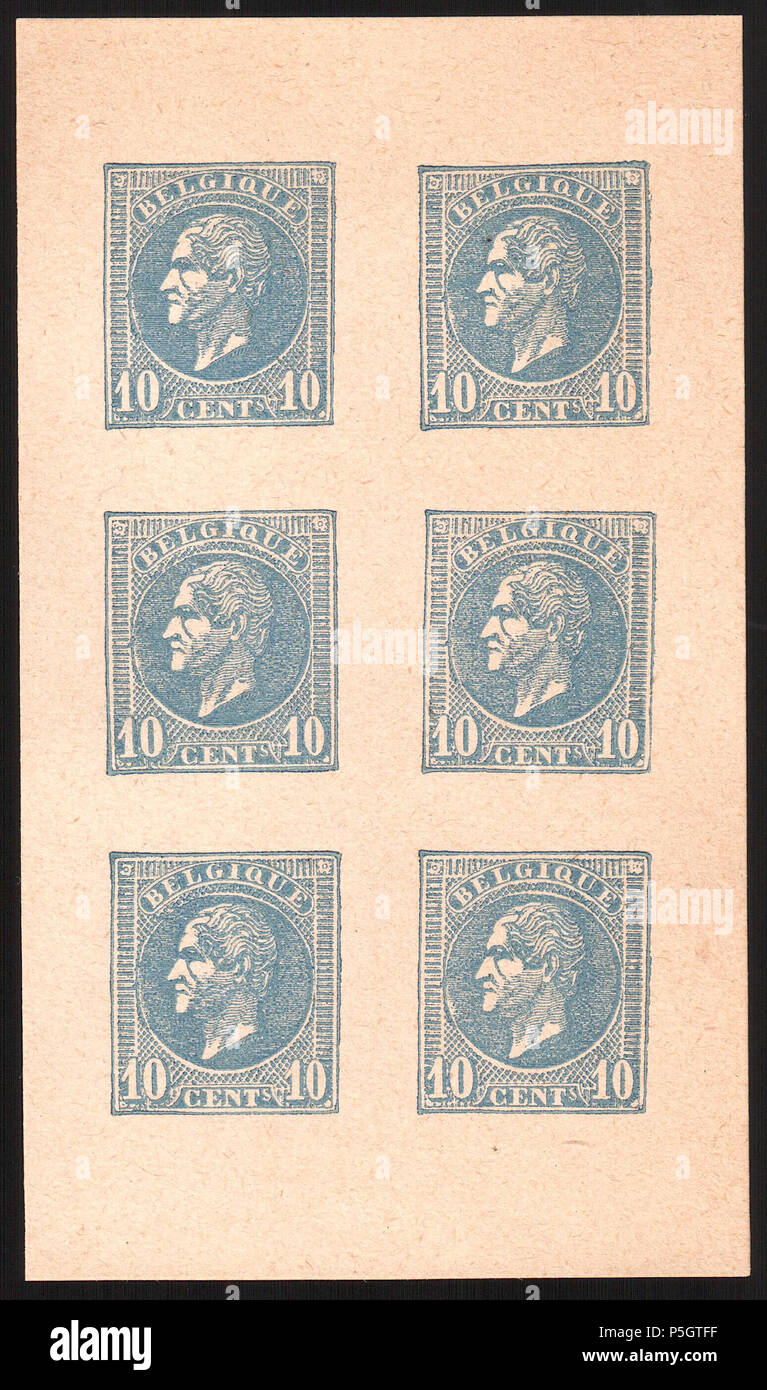 N/A. Englisch: Belgien 1865-1866 10 c Leopold I. Essays von Charles Wiener. Blatt 6, Blau auf Blassrosa Papier, ungummed. zwischen 1865 und 1866. Charles Wiener 184 Belgien 1865-1866 10 c Leopold I. Essays von Charles Wiener blau Stockfoto