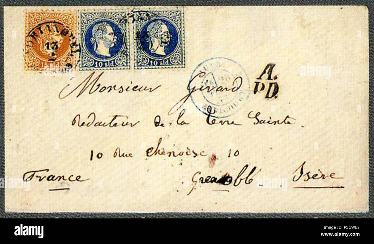 N/A. Français: Couvert avec 15 Sld et 10 Sld Paire de Adrianopel (Edirne) en 1873 vers Grenoble (Frankreich). Transit à Avricour. Menge 1813 Nicht-vendu 300 FS en 2000 (Sammlung Cihangir). 13. Februar 1873 (2017-05-01). Die Österreichische Post in der Türkei 30 1873 35 Sld Adrianopel Frankreich Mi 4I&amp; 5 I Stockfoto