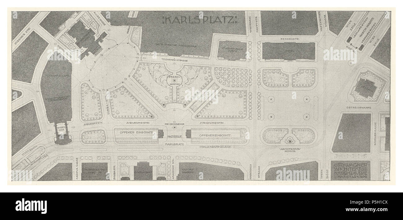 N/A. Studie im Stadtmuseum am Karlsplatz, Wien Bd. 1, Bl. III Heft 5, 6, 7 Konzept, nicht realisiert. zwischen 1898 und 1906. Otto Wagner, Architekt, Scannen und Nachbearbeitung von hubertl 11 08 Wagner-Studie im Stadtmuseum am Karlsplatz, Wien Bd. 1, Bl. III Heft 5, 6, 7-Plan vom Karlsplatz bis Naschmarkt Stockfoto