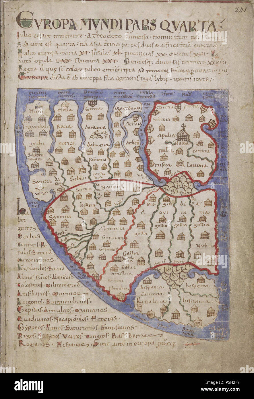 N/A. Latein: Europa mundi pars Quarta. Galego: Mapa de Europa tun Liber Floridus de Lambert de Saint-Omer, Dun da Bilioteca manuscrito de Gand, Bélxica Englisch: Chorographic Karte von Europa aus der T&O Weltkarte in Lambert Liber Floridus, von der Universität Gent kopieren. In Lateinamerika, mit dem Osten oben. ca. 1120. Lambert de l'Etang 14 1125 Lambert de Saint Omer Liber Floridus (Europa Mundi Pars Quarta) Stockfoto