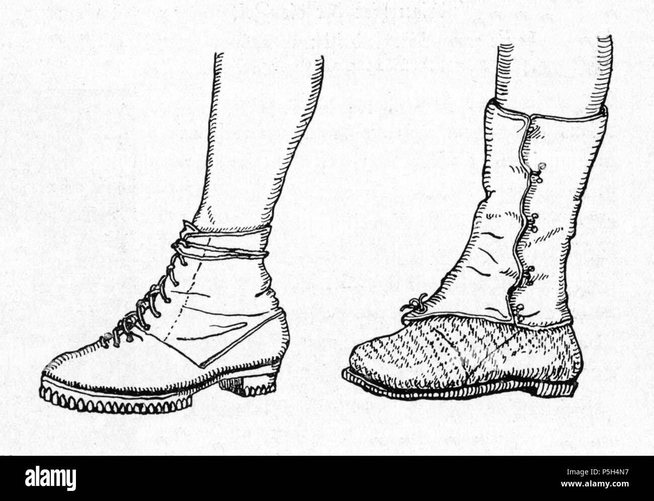 N/A. Steirisches Trachtenbuch - Mautner-Geramb 1935 Traditionelle Kostüme von Ennstal, Steiermark. zwischen 1850 und 1935. Scannen und Nachbearbeitung von hubertl 7 017 Schuhwerk vom Grundlsee - Sommer und Winter Stockfoto