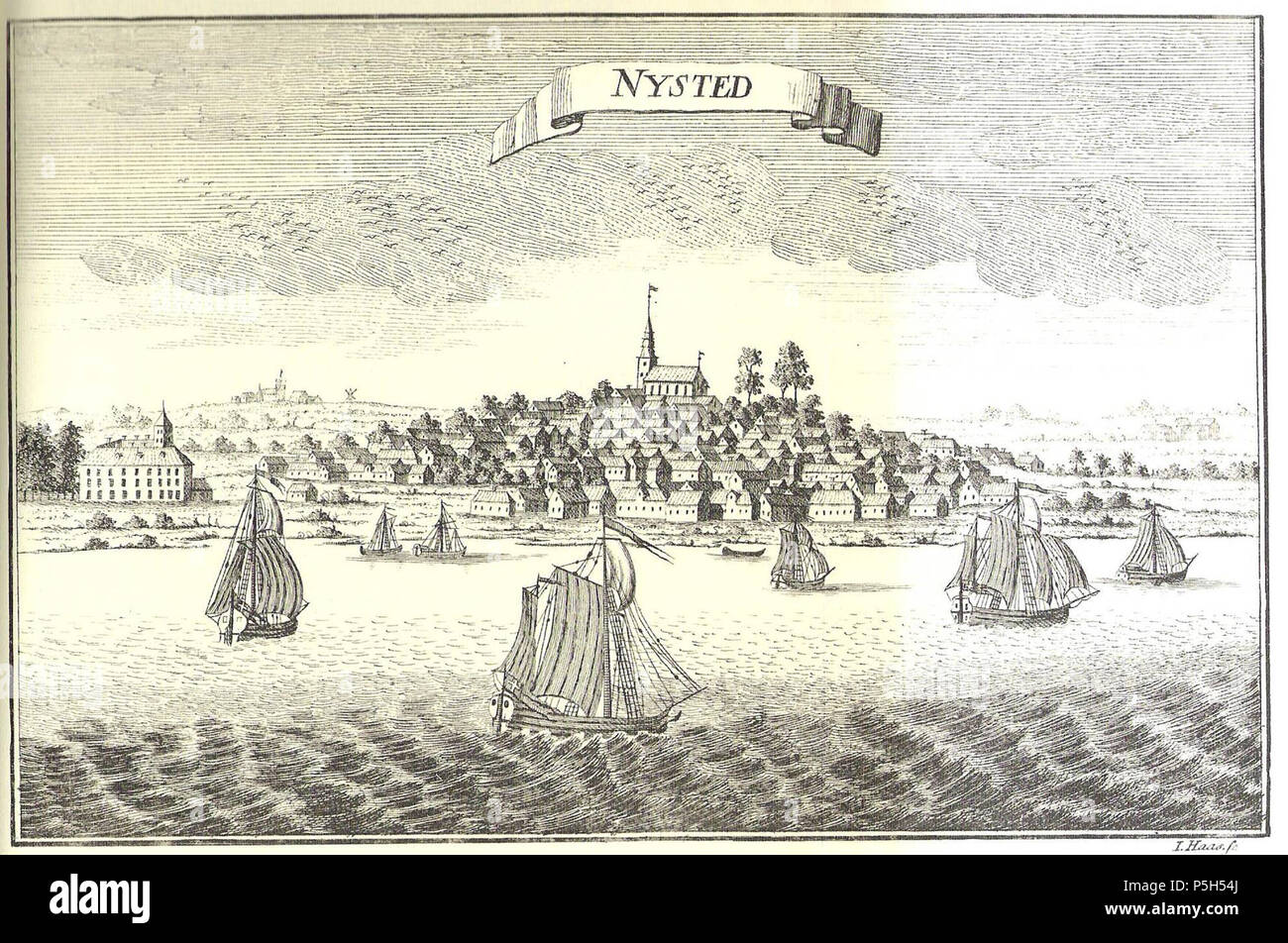 N/A. Prospekt fra Erik 'Pontoppidans Danske Atlas fra 1767. Det meste er fr fantasi. Ålholm til Venstre og kirken äh trovaerdige. Landskabet og Byens placering i det noget overdrevet, skønt Nysted ligger på en skraent ved Nysted noch. Nysted, Dänemark 1767. 1767. Diese Datei fehlt, Informationen zum Autor. 8 02 eine Nysted Pontoppidan Prospekt 1767 Stockfoto