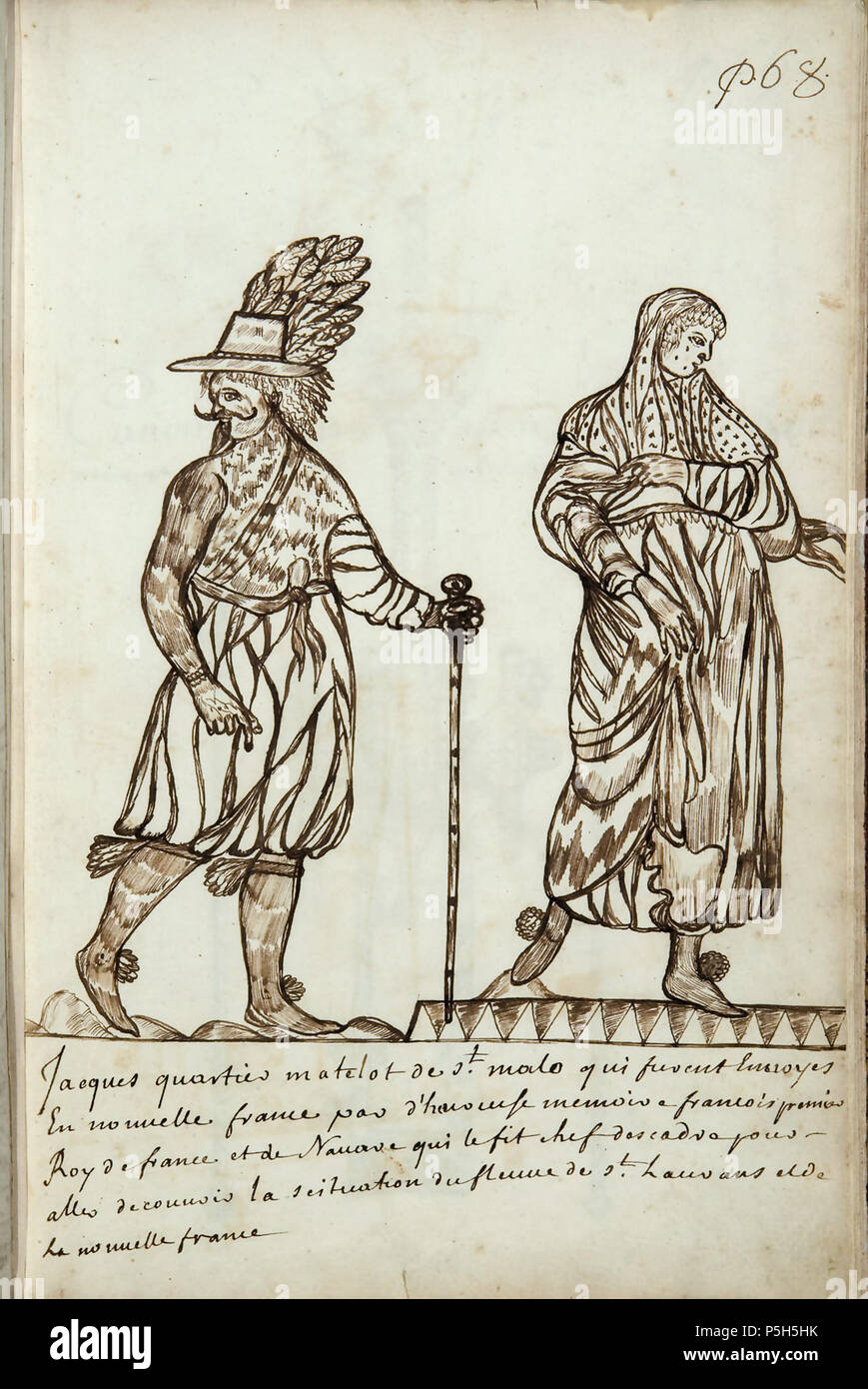 N/A. Français: Codex canadensis, s. 68 Jacques quartier Matelot de St. malo qui furent envoyes/en Nouvelle France par d'heureuse mémoire Francois Premier/Roy de France et de Navarre qui le passen Chef descadre Gießen/aller decouvrir La scituation Du Fleuve de st. Laurans et de la Nouvelle France Englisch: Jacques Cartier, ein Seemann von St. Malo, die zu neuen Frankreich von François gesendet wurde ich des seligen Gedächtnis, König von Frankreich und Navarra, die ihm Squadron Leader zu gehen und den St. Lawrence River und neue Frankreich. ca. 1675-82 erkunden. Louis Nicolas (1634-ca. 1682) 362 Codex canadensis, S. 68 Stockfoto