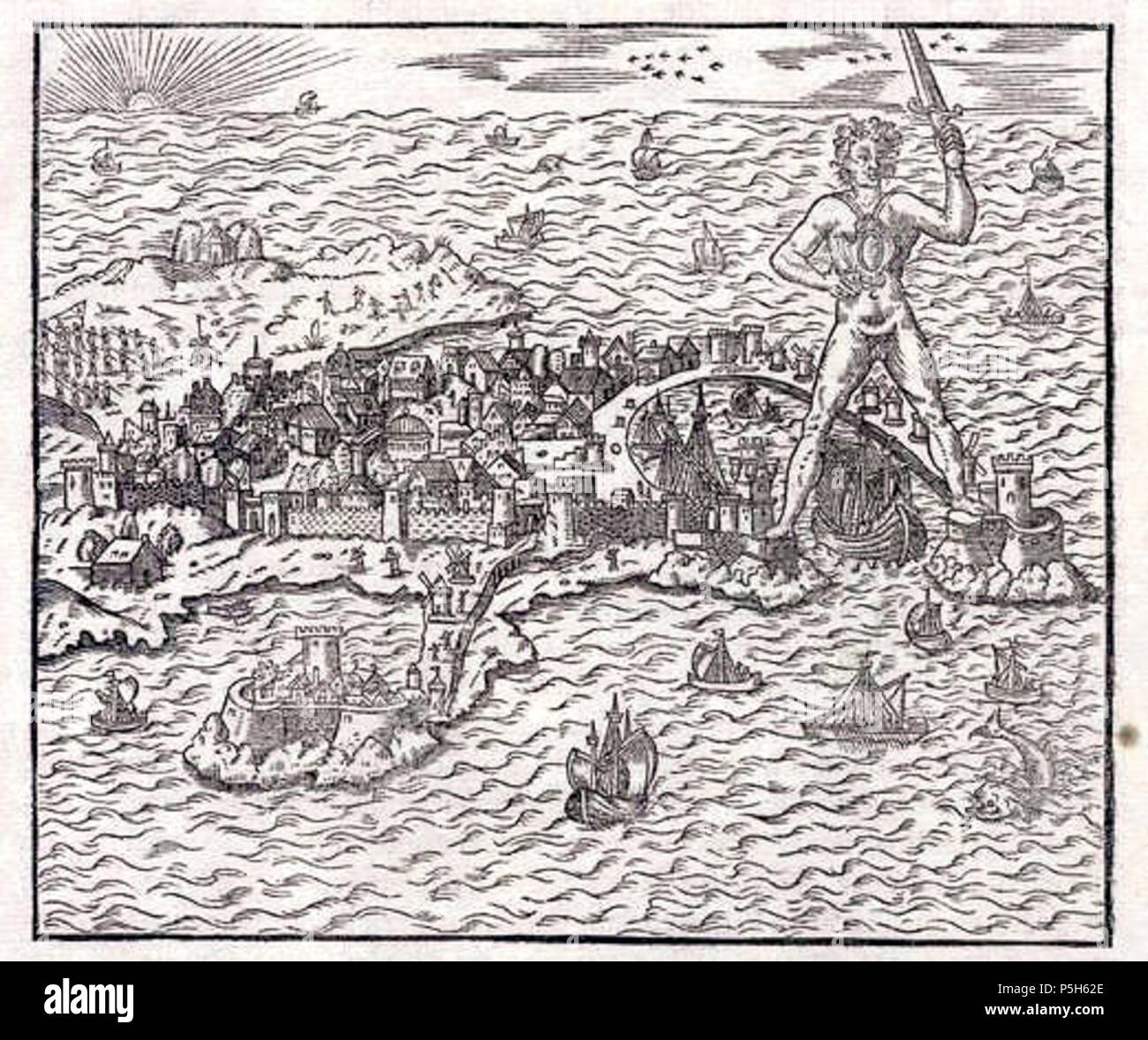 N/A. Holzschnitt Stich der Stadt Rhodos und der Koloss Statue aus dem Buch "cosmographie Universelle" die französische Übersetzung von Francois de BELLEFOREST der Cosmographia von Sebastian Münster'', 1575 veröffentlicht von M.Sohn (n) ius. Format: 13,5 x 16 cm. 1575. Künstler unbekannt oder nicht notierte 10 06010 Stockfoto