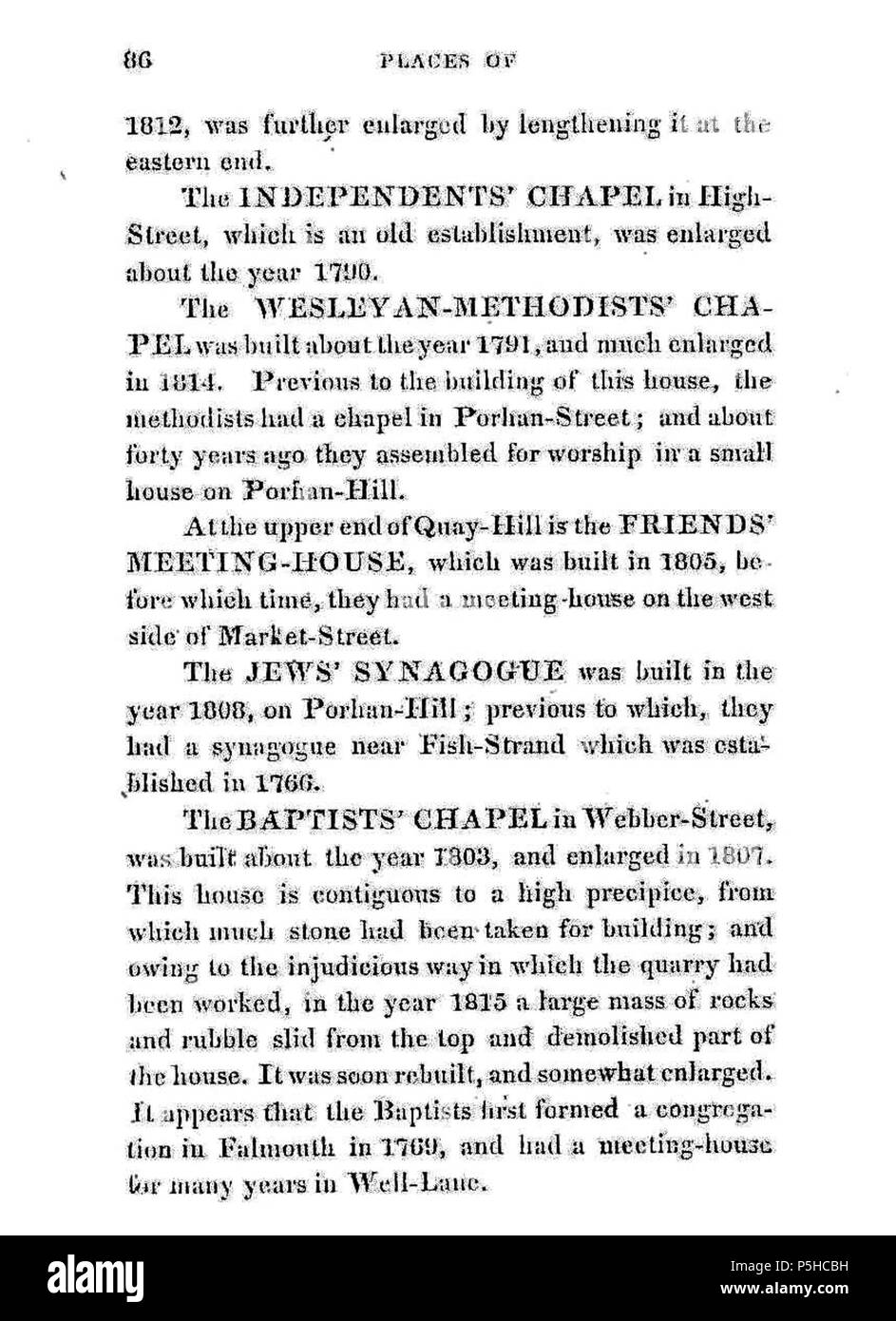 N/A. Eine Seite von einem Falmouth Ratgeber datiert 1827, Auflistung (zum Nutzen der Besucher) Einige der Nonkonformistischen Kirchen der Stadt. Falmouth hatte immer einen nach außen - auf der Suche Ort und wird dies durch die Vielzahl der religiösen Gruppen innerhalb der Stadt angenommen. 1827. Richard Thomas (Life Time: Gestorben 1858) 44 eine Geschichte & Amp; Beschreibung der Stadt und den Hafen von Falmouth, 1827 von R. Thomas Seite 86 Orte der Anbetung Stockfoto