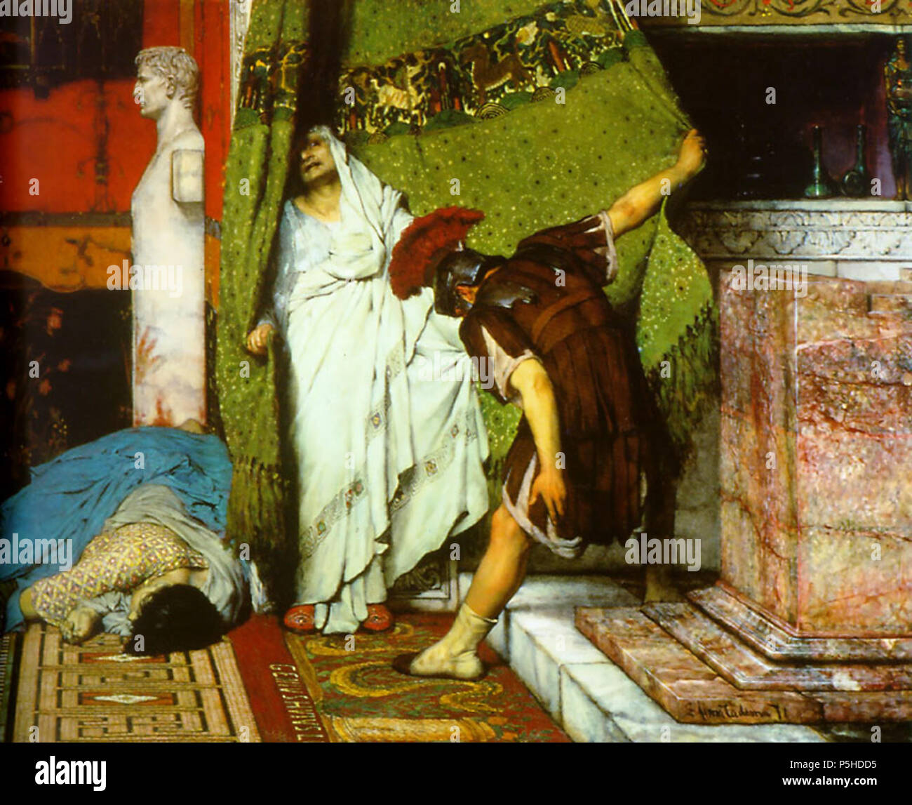 N/A. Englisch: ein römischer Kaiser AD 41, von Sir Lawrence Alma Tadema, zeigt die Zukunft Kaiser Claudius, der sagte, war kauert hinter einem Vorhang durch Mitglieder der Prätorianergarde nach dem Kaiser Caligula assasinated zu haben war. Von Caligula ermordeten Frau auf dem Boden liegt auf der linken Seite. 1871. N/A46 ein römischer Kaiser AD 41 Detail 1 byAlmaTadema 1871 Stockfoto