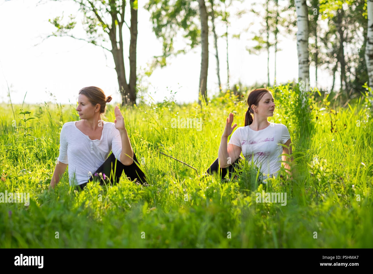 Zwei junge attraktive Frauen üben Yoga, Ardha Matsyendrasana Übung im Freien in der Natur zu sitzen. Stockfoto