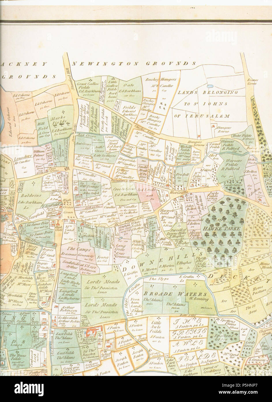 N/A. Englisch: 1619 Karte von der Pfarrei von Tottenham, Middlesex (jetzt im Londoner Stadtteil Haringey). Süden ist am oberen Rand der Karte angezeigt. 1619. Thomas Clay [1] 18 1619 Tottenham Karte (voll) Stockfoto