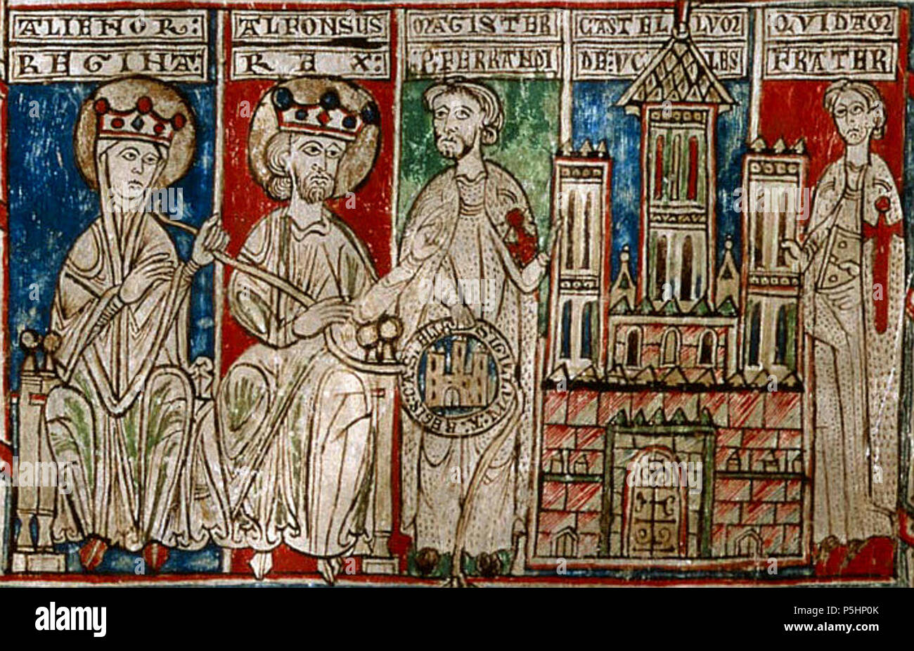 N/A. Englisch: Alfonso VIII. von Kastilien andEleanor der Plantagenet, die Burg von Uclés zum Master ('Magister') des Orden von Santiago Pedro Fernández. Dies ist eine Miniatur des Tumbo Menor de Castilla, im Archivo Histórico Nacional in Madrid gefunden. Es wurde auf drei Websites unabhängig: http://www.castillosdejirm.com/alfonsoVIII.htm und Http://www.sanjuandeduero.bravehost.com/ Http://www.fundacionvillalarcyl.es/img/historia/c 59591.jpg Español: Alfonso VIII de Castilla, Leonor de Plantagenet entregan el Castillo de Uclés al Maestre de la Orden de Santiago Pedro Fernández d gefunden Stockfoto