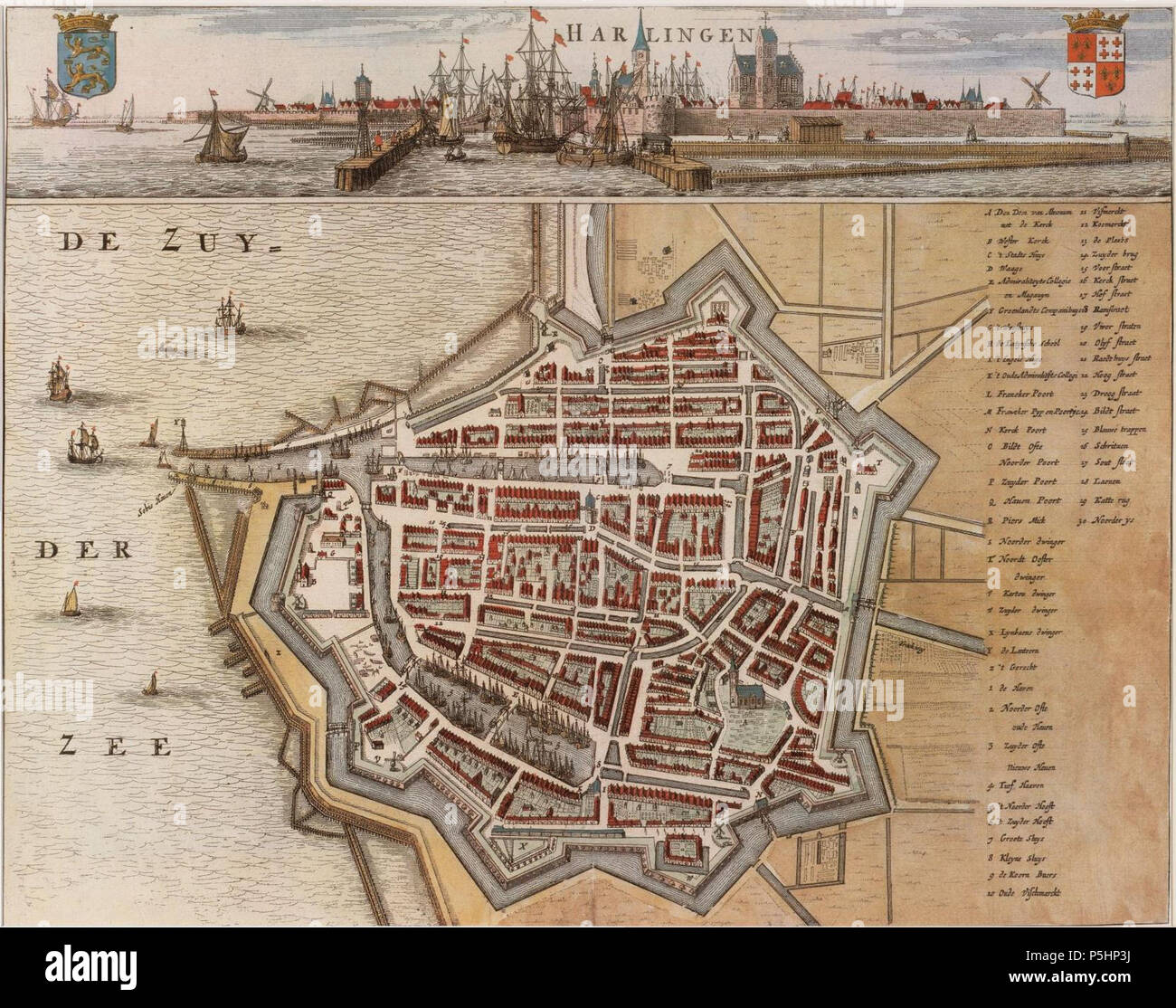 N/A. Englisch: Harlingen Nederlands: Stadsplattegrond van Harlingen uit de Beschreibung van Heerlijkheydt van Friesland Tür Bernardus Schotanus ein sterringa uitgegeven in 1664. 1664. Bernardus Schotanus ein sterringa 19 1664 Harlingen Stockfoto