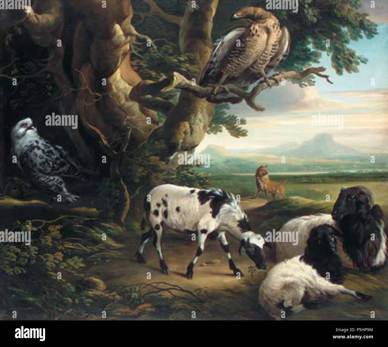 N/A. Deutsch: "Raubvögel, Ziegen und ein Wolf, in einer Landschaft", Öl auf Leinwand, des britischen Künstlers Philip Reinagle, R.A. Undatiert. 60 in. x 72 in. (152,4 cm x 182,9 cm.) Mit freundlicher Genehmigung von Christie's. 23. Mai 2005. Philip Reinagle (1748 - 1833) Beschreibung britische Maler Geburtsdatum / Tod 1749 17. November 1833 Ort der Geburt / Todes Edinburgh London Standort London (1769-1833); Norwich (1780-1782) Kontrolle: Q 2086404 VIAF: 26991550 ISNI: 0000 0000 6705 0898 ULAN: 500029813 LCCN: Nr 2001025464 NLA: 35094550 WorldCat 205 Greifvögel, Ziegen und ein Wolf, in einer Landschaft von Philip Stockfoto