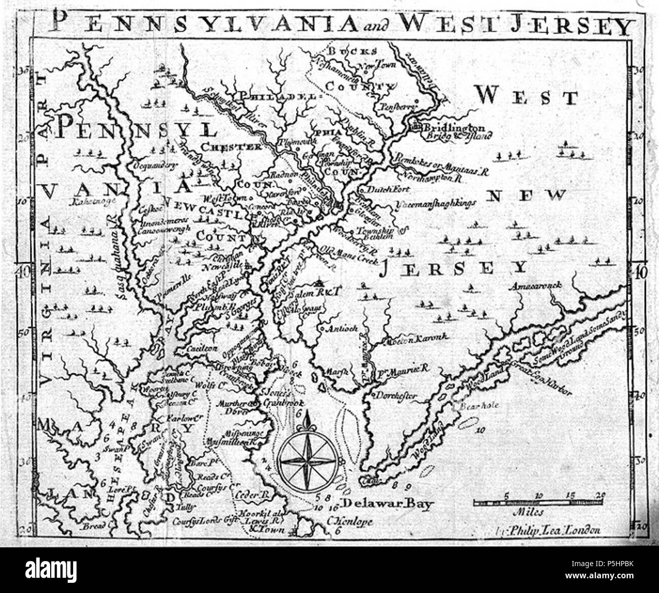 N/A. Englisch: Karte von Pennsylvania und West New Jersey" 1698 durch Philip Lea in London veröffentlicht. 1698. Philip Lea 20 1698 PhilipLeaPANJmap Stockfoto