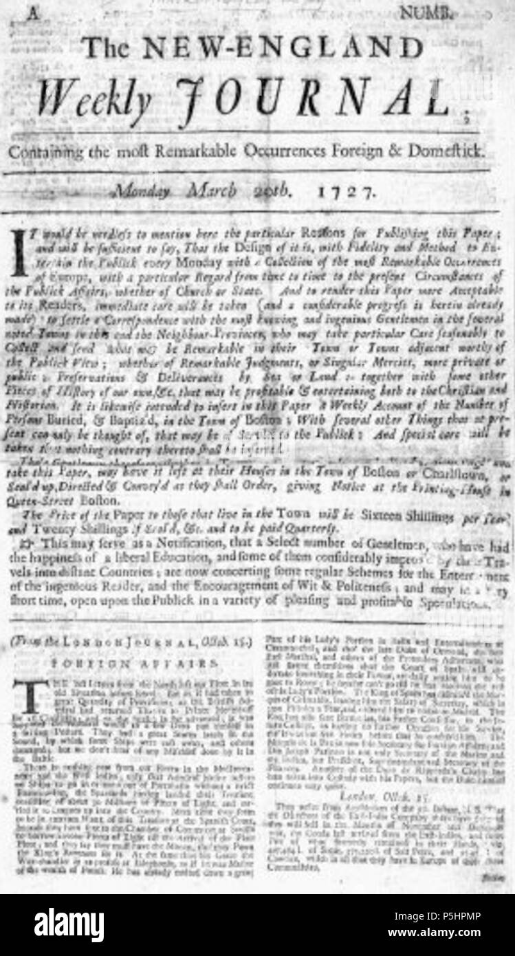 21 1727 New England Wochenzeitung Boston März 20. Stockfoto