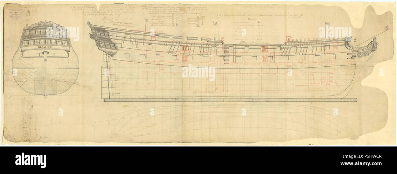 N/A. Plan, den Körper mit sternboard Dekoration und der -name auf dem Zähler, transparente Linien mit Innenbordmotoren detail und Galionsfigur, Längs- und halbe Breite für Berwick (1775), eine 74-gun Dritten Rate, 2-Decker, wie in Portsmouth Dockyard gebaut. Der Plan wurde später für Bombay Schloss (1782), Starke (1783), und Trotz (1783) von der gleichen Klasse genehmigt. Von John Williams [Gutachter der Navy, 1765-1784], und Edward Hunt unterzeichnet [1778-1784]. 1775. Unbekannt 194 Berwick BombayCastle leistungsstarke Defiance Stockfoto