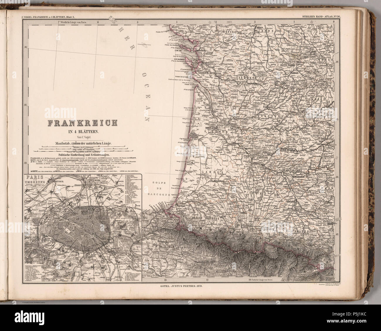 Sind in 4 Blattern. (Frankreich in 4 Blätter). Stieler's Hand-Atlas... Nr. 36. Sind in 4 Blattern. (Einfügung) Paris 1873. Adolf Stieler & C Vogel 61 Adolf Stieler, sind in 4 Blattern, 1873 - David Rumsey Stockfoto