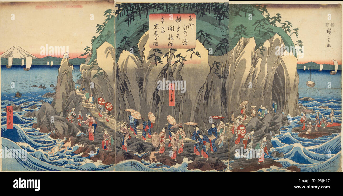 Enoshima benzaiten Kaicho Modus, Künstler Utagawa Hiroshige (1797 - 1858). Menschen pilgern Enoshima benzaiten. Stockfoto