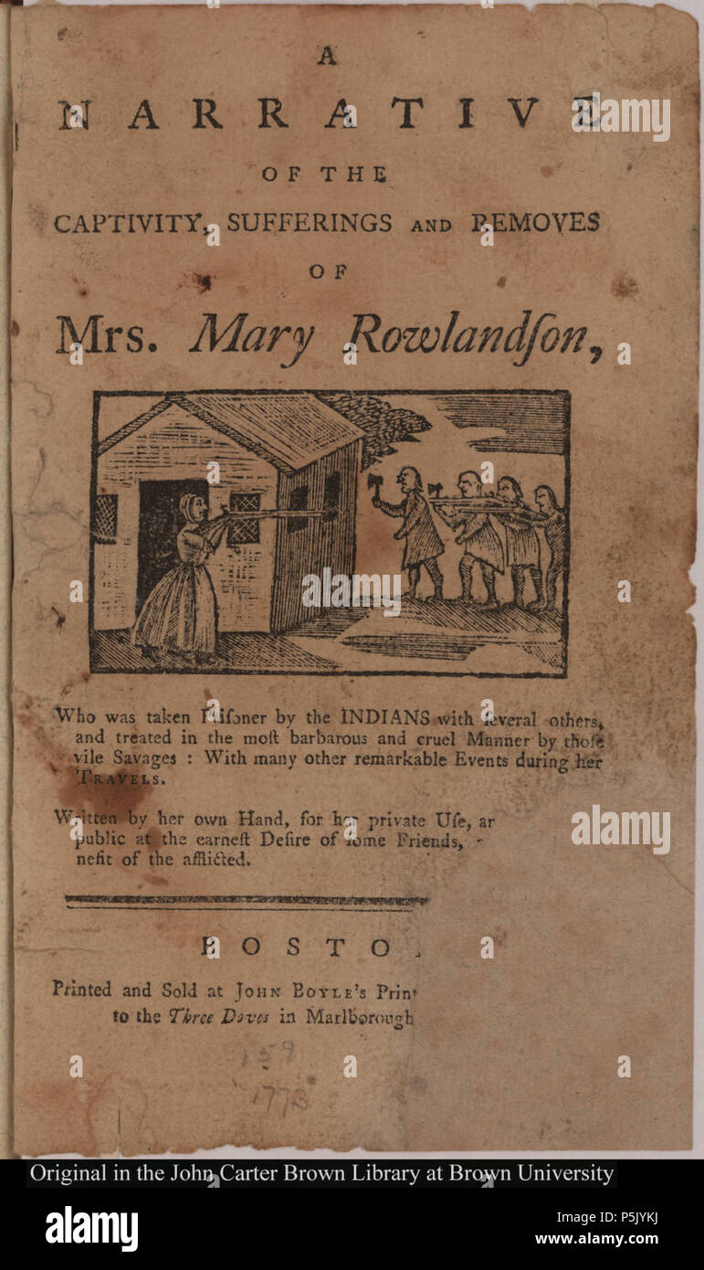 N/A. [Soveraignity & Güte Gottes] eine Erzählung der Gefangenschaft, Leiden und entfernt von Frau Mai Rowlandson, die Gefangenen von den Indern übernommen wurde... Von Mary Rowlandson. Gedruckt und Verkauft bei John Boyle's Drucken [ing-büro, nebenan] zu den Drei Tauben in Marlborough [Straße], Boston. 1773. 1773. John Boyle 25 1773 MaryRowlandson Boyle 04264010 Stockfoto