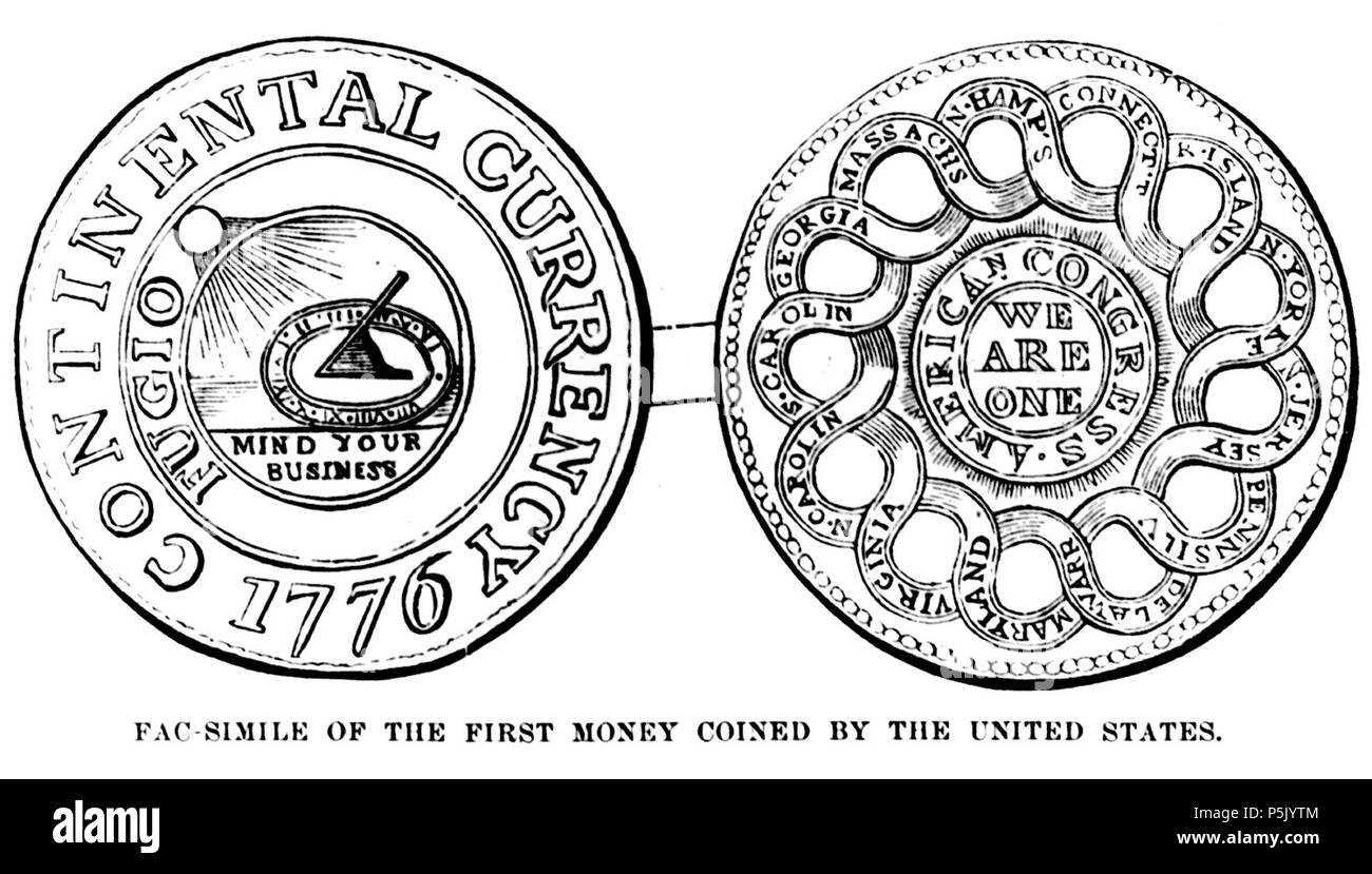 N/A. Gravur einer kontinentalen Währung Münze 1776. Versionen waren aus Silber, Messing und Zinn. Die Bezeichnung ist unbekannt und kann durch das Metall verändert haben, allerdings (besonders für die silberne Version) Es wird angenommen, dass es sich um eine Spanische dollar Münze. Der Entwurf stammt von einer früheren kontinentalen Währung beachten, die von Benjamin Franklin vorgenommen wurde. Weitere Informationen finden Sie hier oder hier. 1776 Münze; Gravur 1851. Benjamin Franklin (original Design), Benson J. De Lossing" (Gravur) Benson John De Lossing" (1813 - 1891) Beschreibung amerikanischer Journalist und Historiker Geburtsdatum / Tod Stockfoto